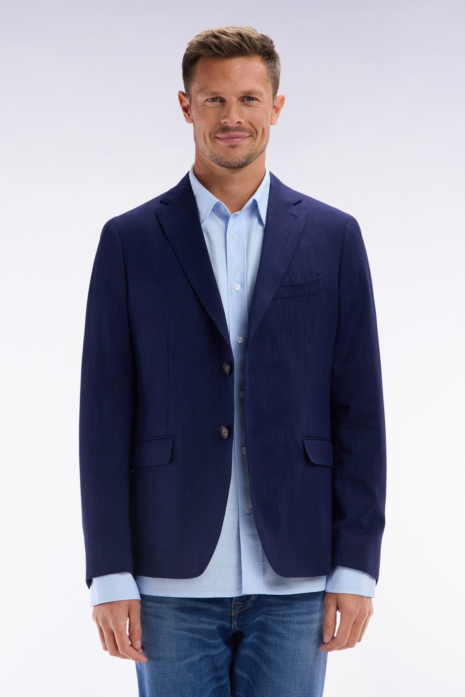 Sakko aus fil teint aus laine und lin stretch mélangés Marineblau