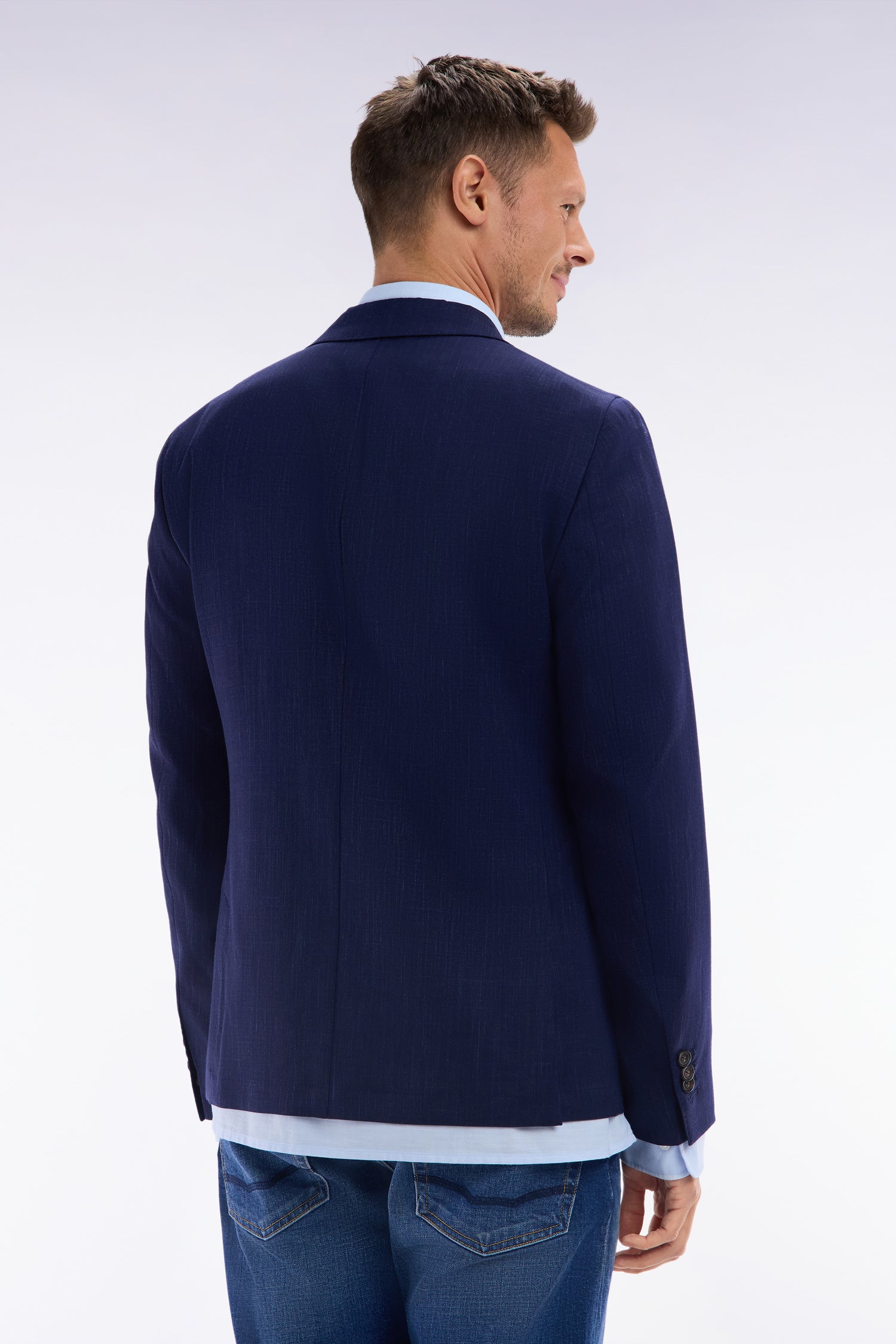 Sakko aus fil teint aus laine und lin stretch mélangés Marineblau