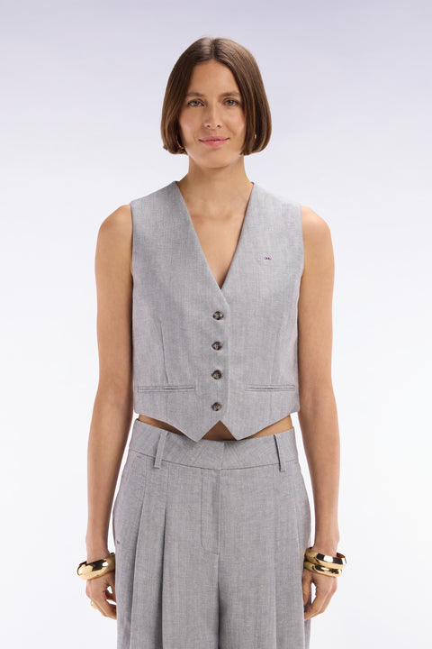Grey suit waistcoat in linen and wool twill with herringbone pattern - Image 3