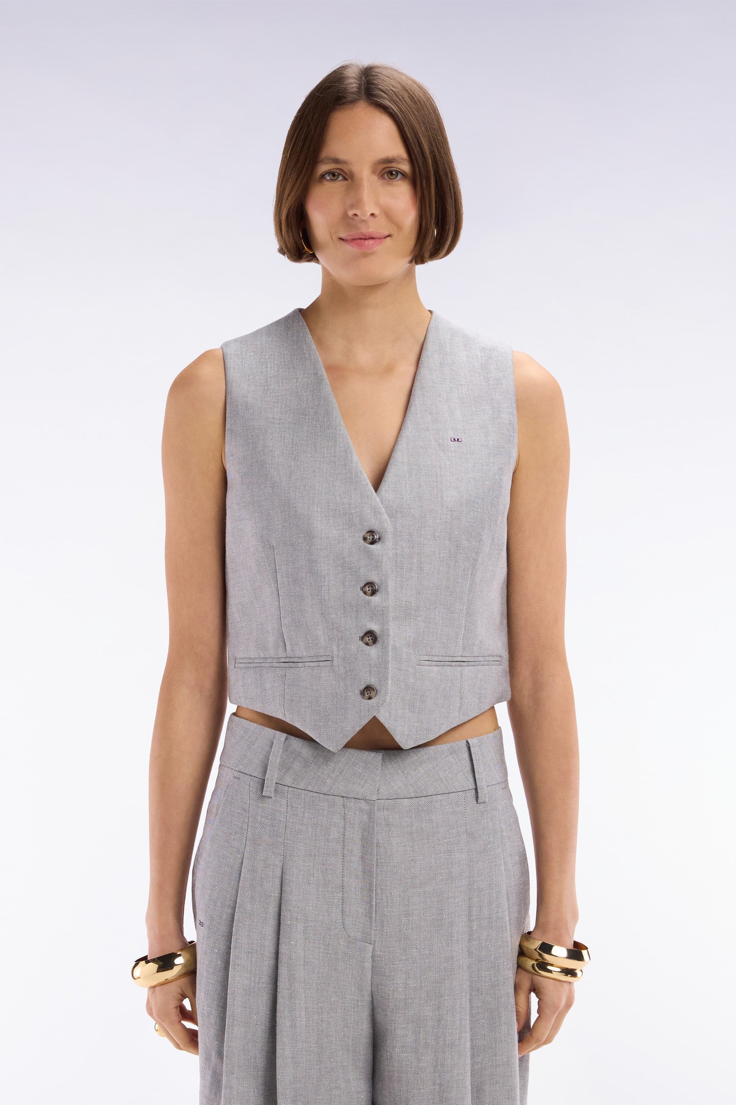 Gilet de costume en twill de lin et laine à chevron gris
