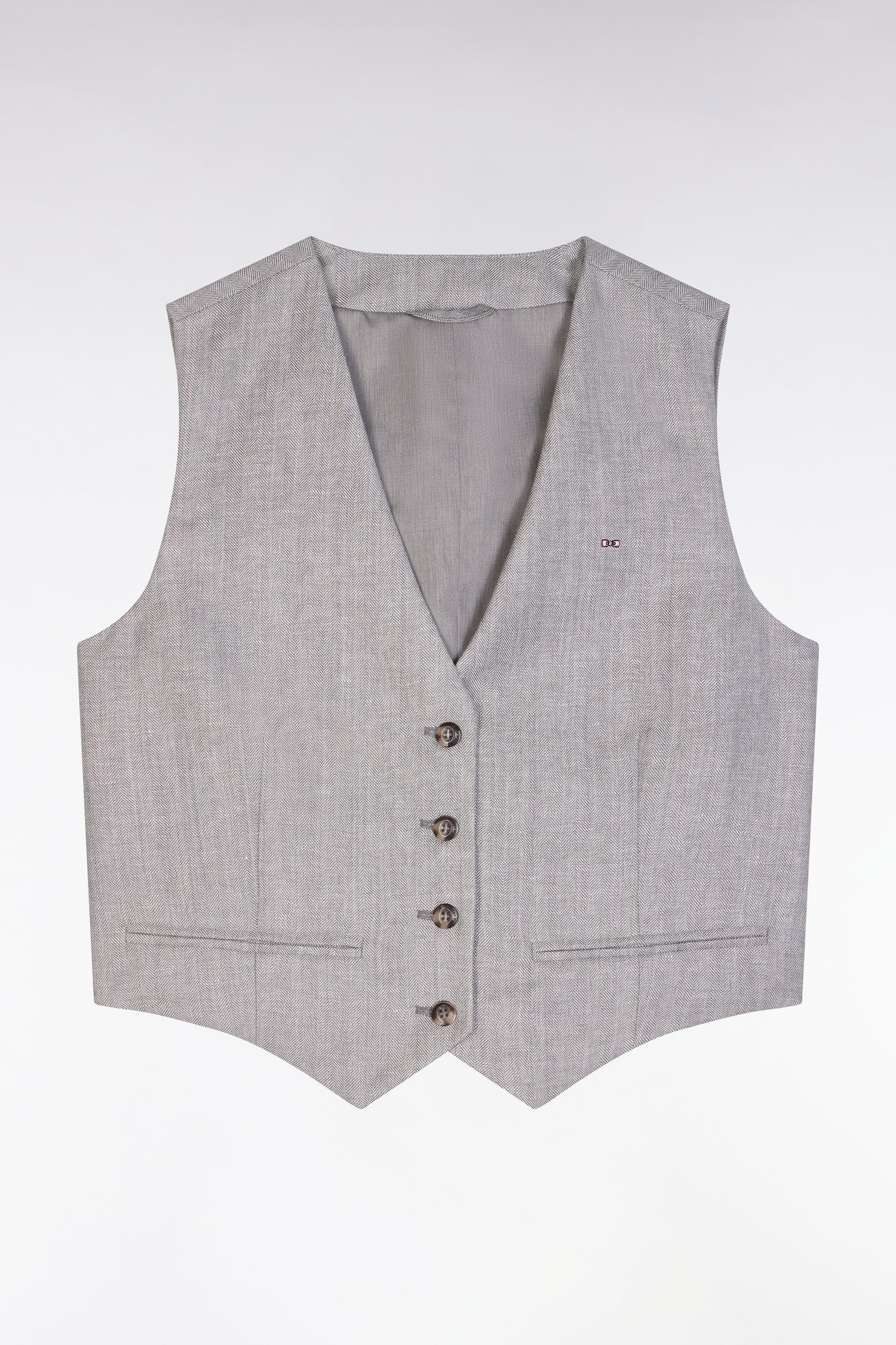 Gilet de costume en twill de lin et laine à chevron gris