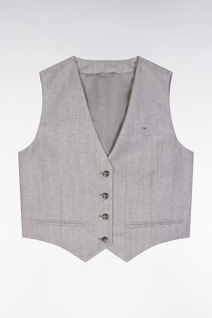 Gilet de costume en twill de lin et laine à chevron gris