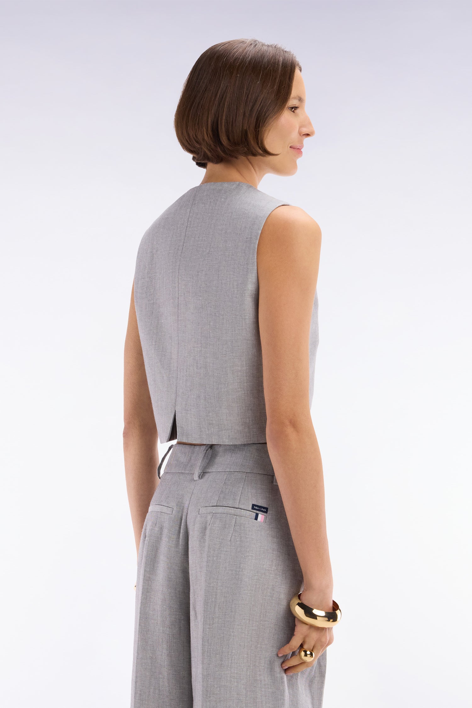 Gilet de costume en twill de lin et laine à chevron gris
