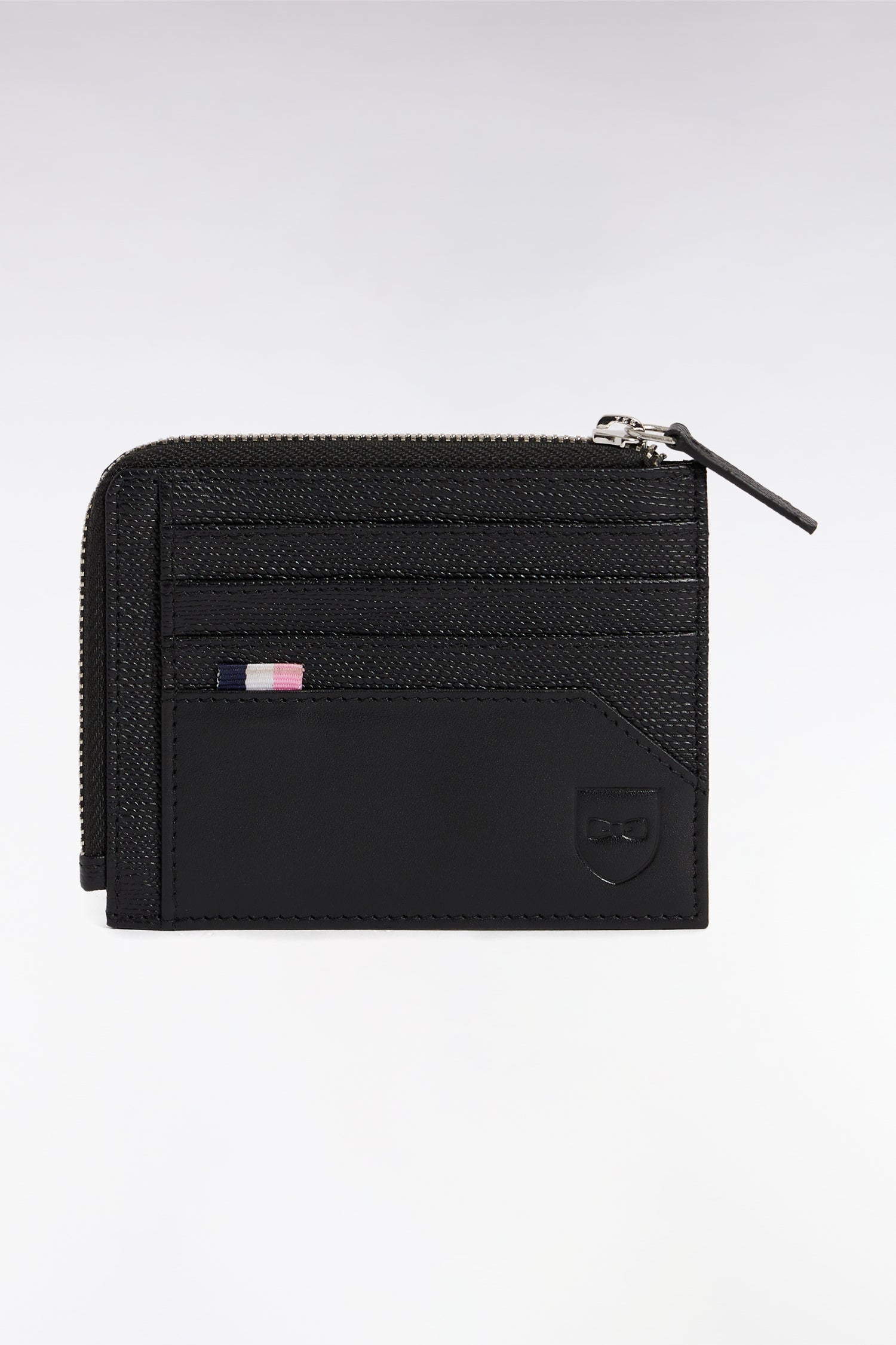 Porte-cartes bimatière zippé en cuir noir