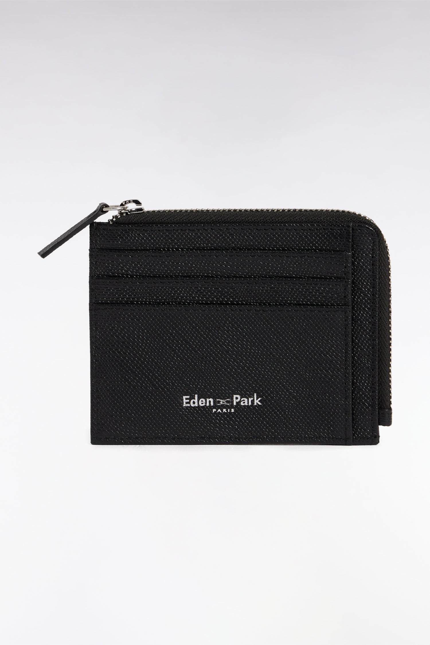 Porte-cartes bimatière zippé en cuir noir