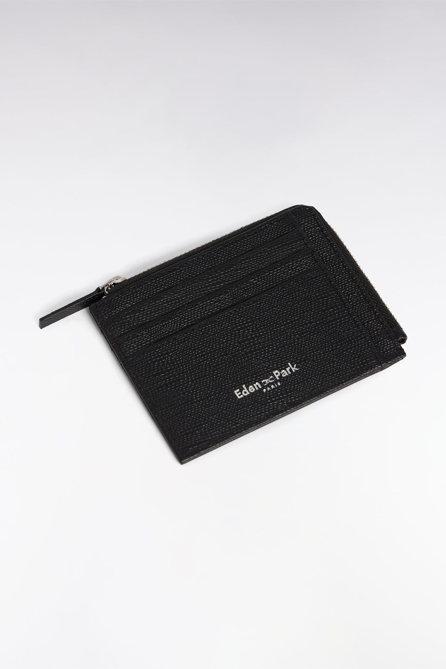 Porte-cartes bimatière zippé en cuir noir