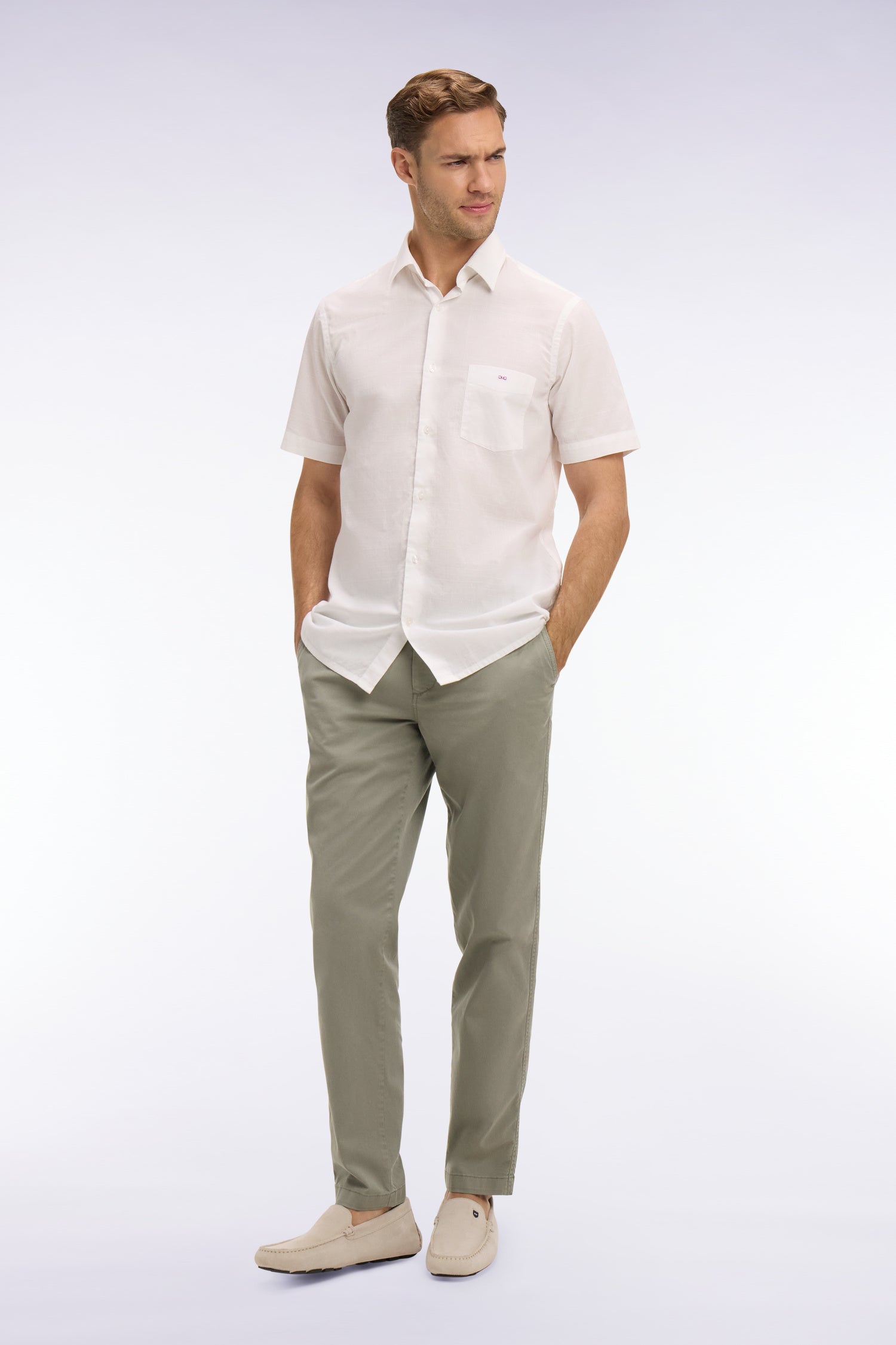 Pantalon chino taille élastique en coton et lyocell kaki