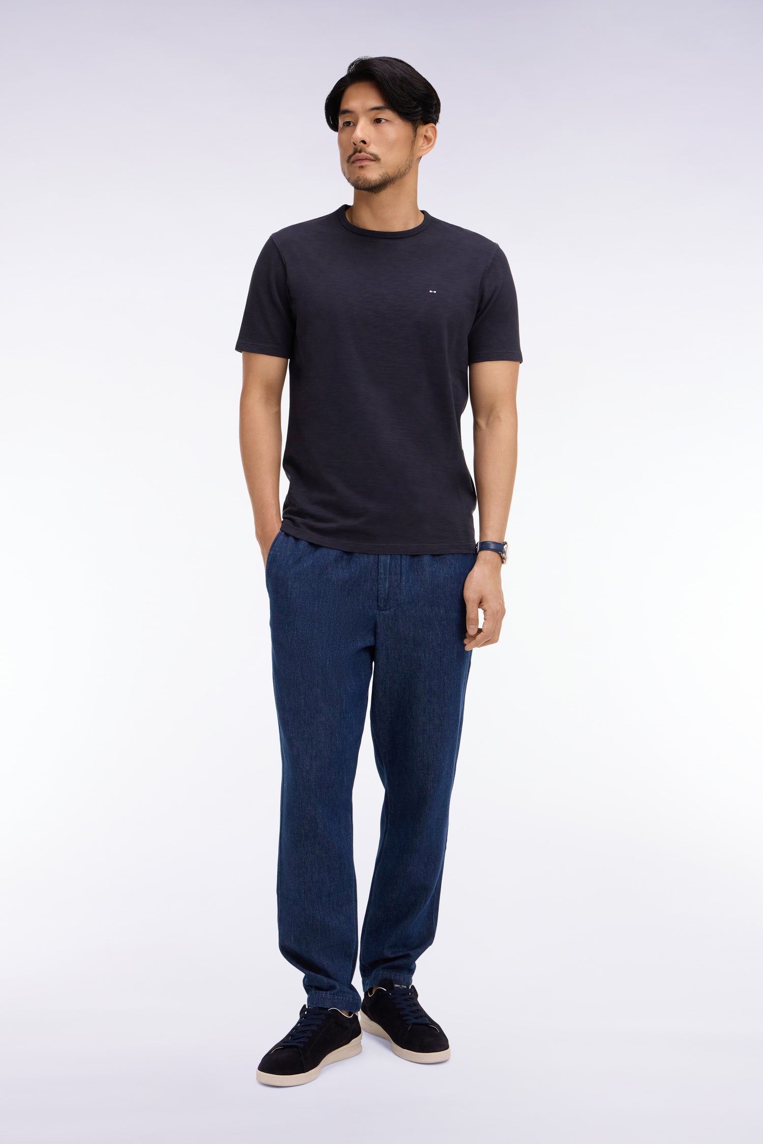 Pantalon taille élastiquée en chambray bleu coupe Modern