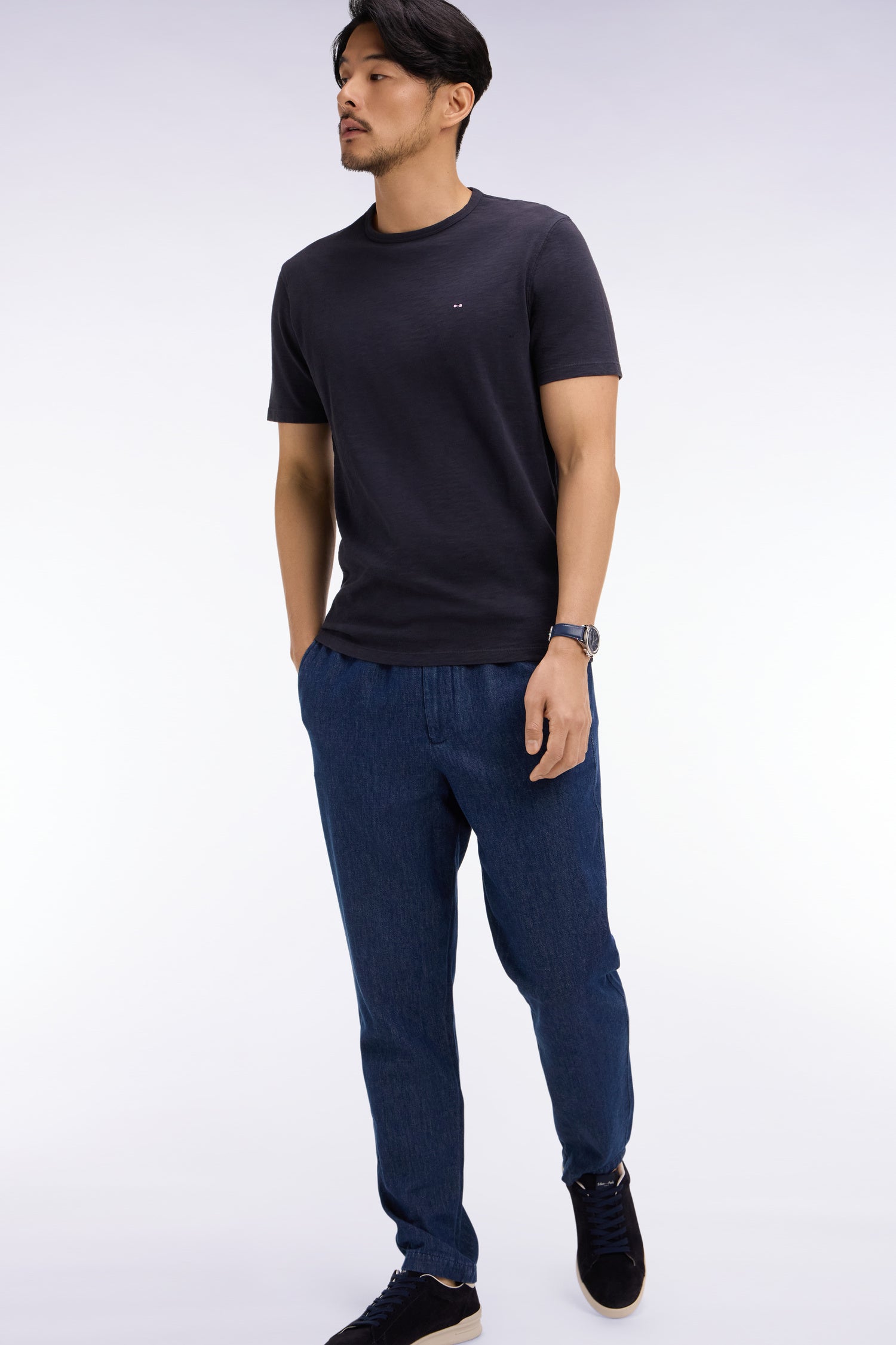 Pantalon taille élastiquée en chambray bleu coupe Modern