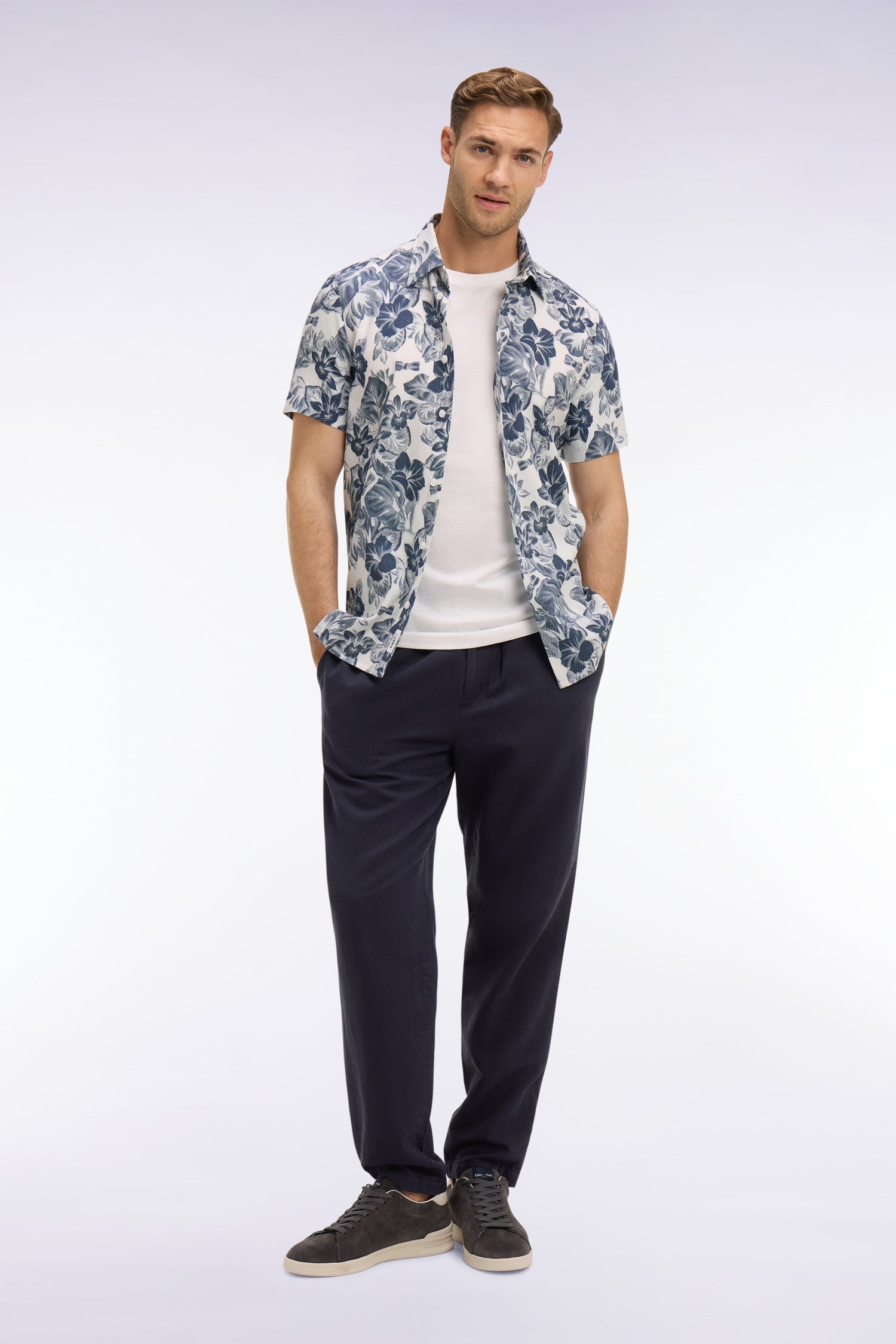 Pantalon en coton lin et lyocell marine coupe Modern