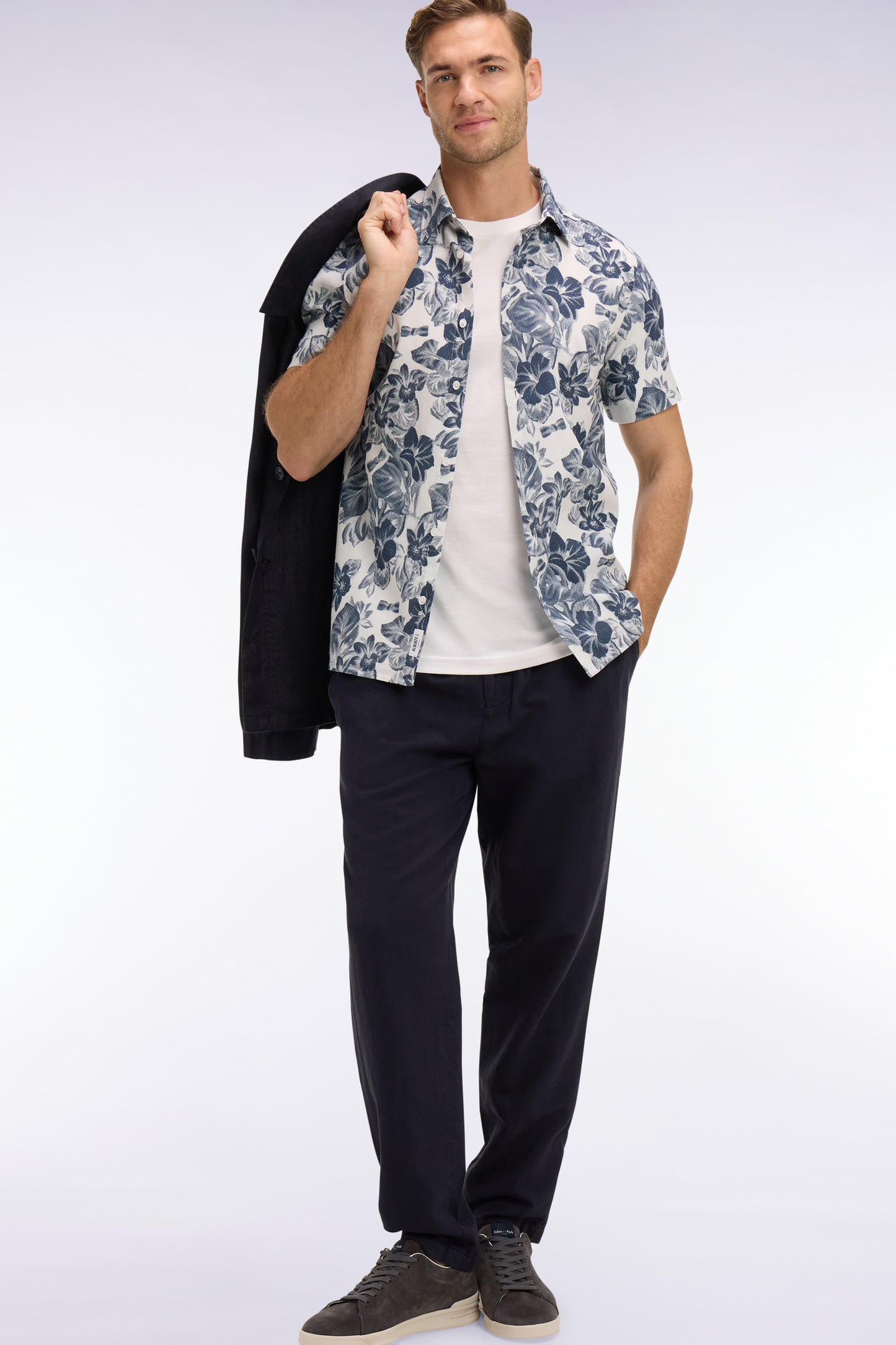 Modern fit navy cotton linen and lyocell pants