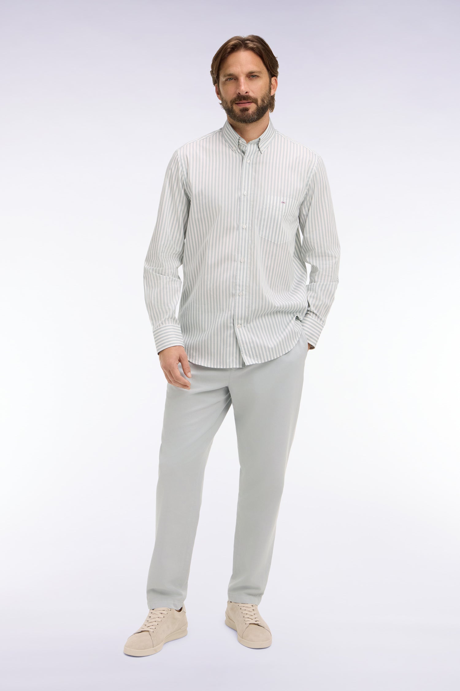 Pantalon en coton lin et lyocell gris clair coupe Modern
