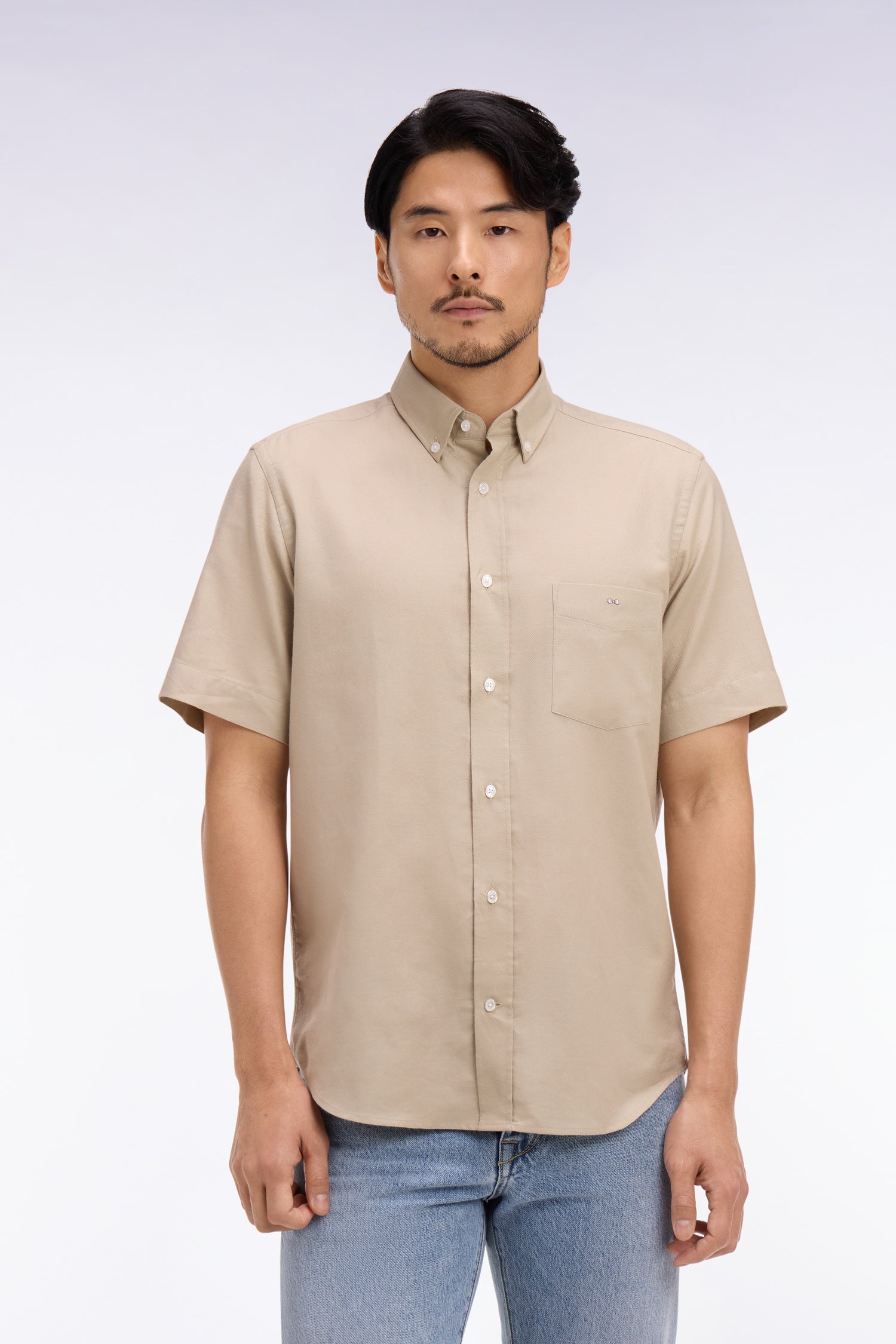 Chemise à manches courtes en piqué coton beige