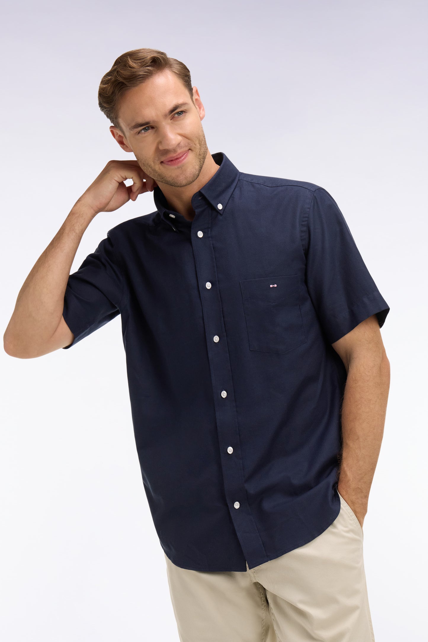 Chemise à manches courtes en piqué coton marine