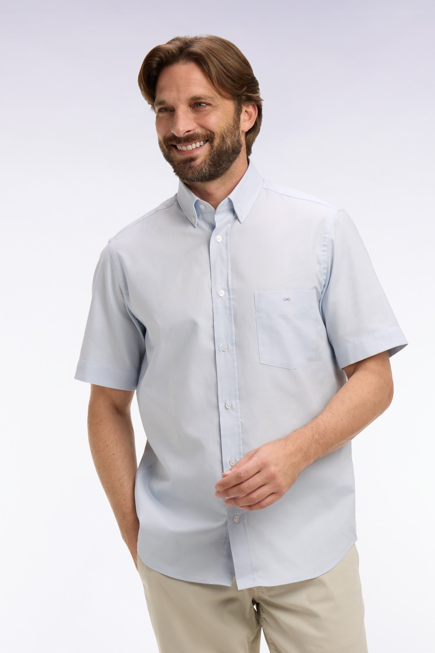 Chemise à manches courtes en coton fil teint ciel