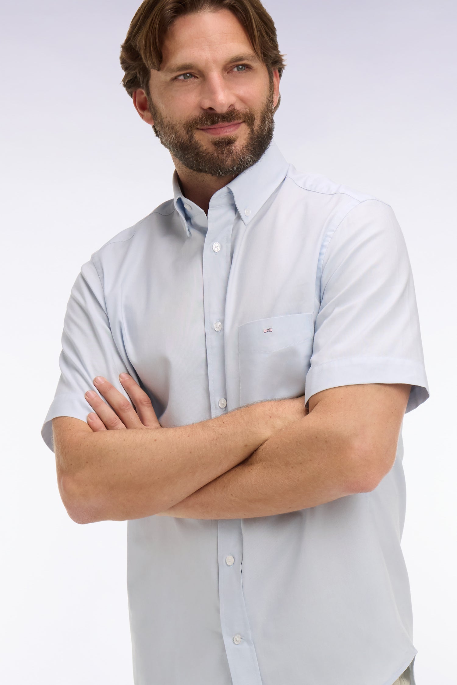 Chemise à manches courtes en coton fil teint ciel