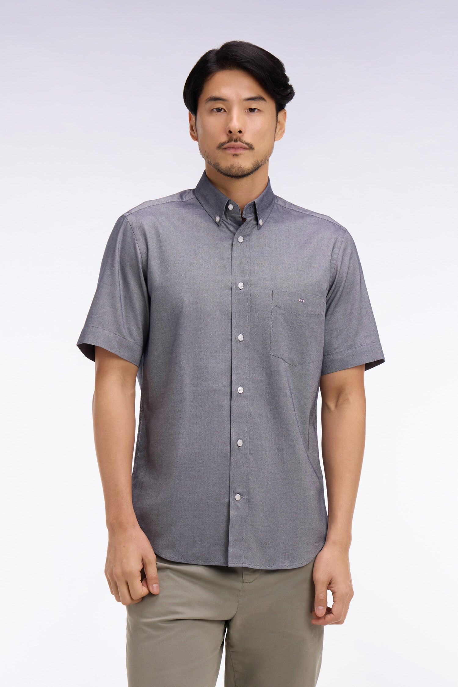 Chemise à manches courtes en coton fil teint marine