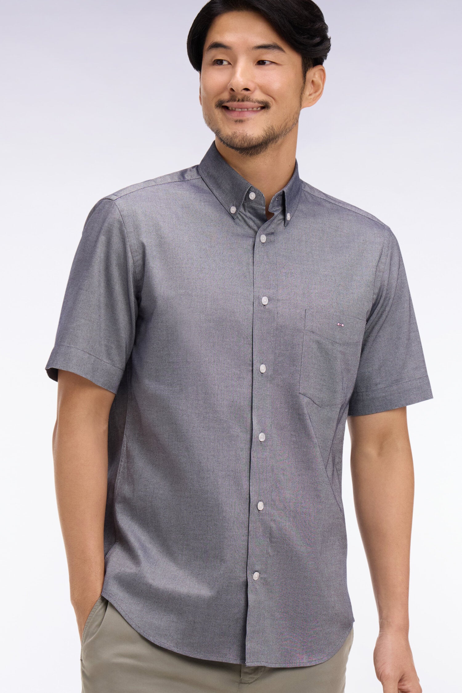 Chemise à manches courtes en coton fil teint marine