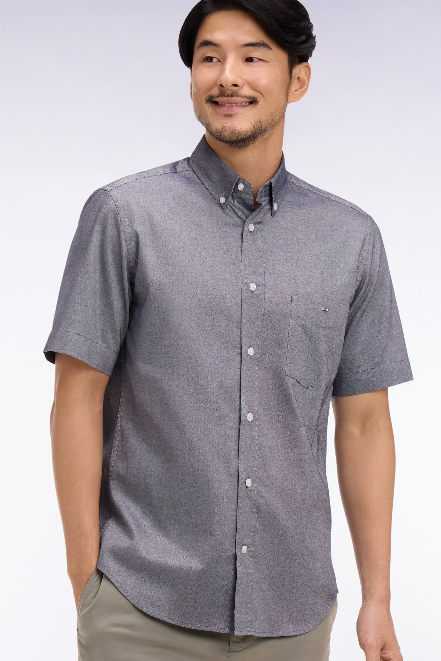 Chemise à manches courtes en coton fil teint marine