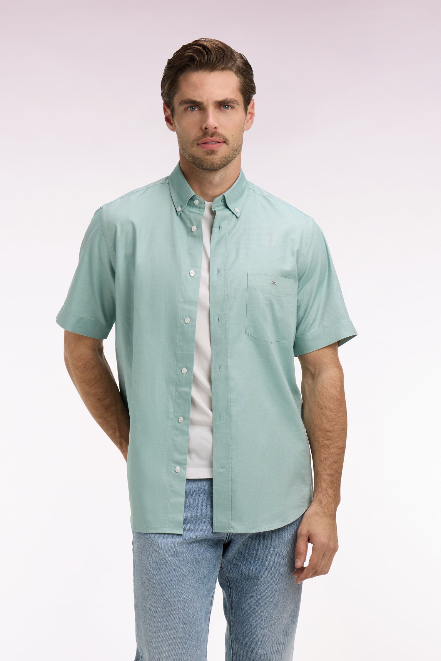 Chemise à manches courtes en piqué coton vert d'eau – Eden Park Chemise à manches courtes en piqué coton vert d'eau – Eden Park