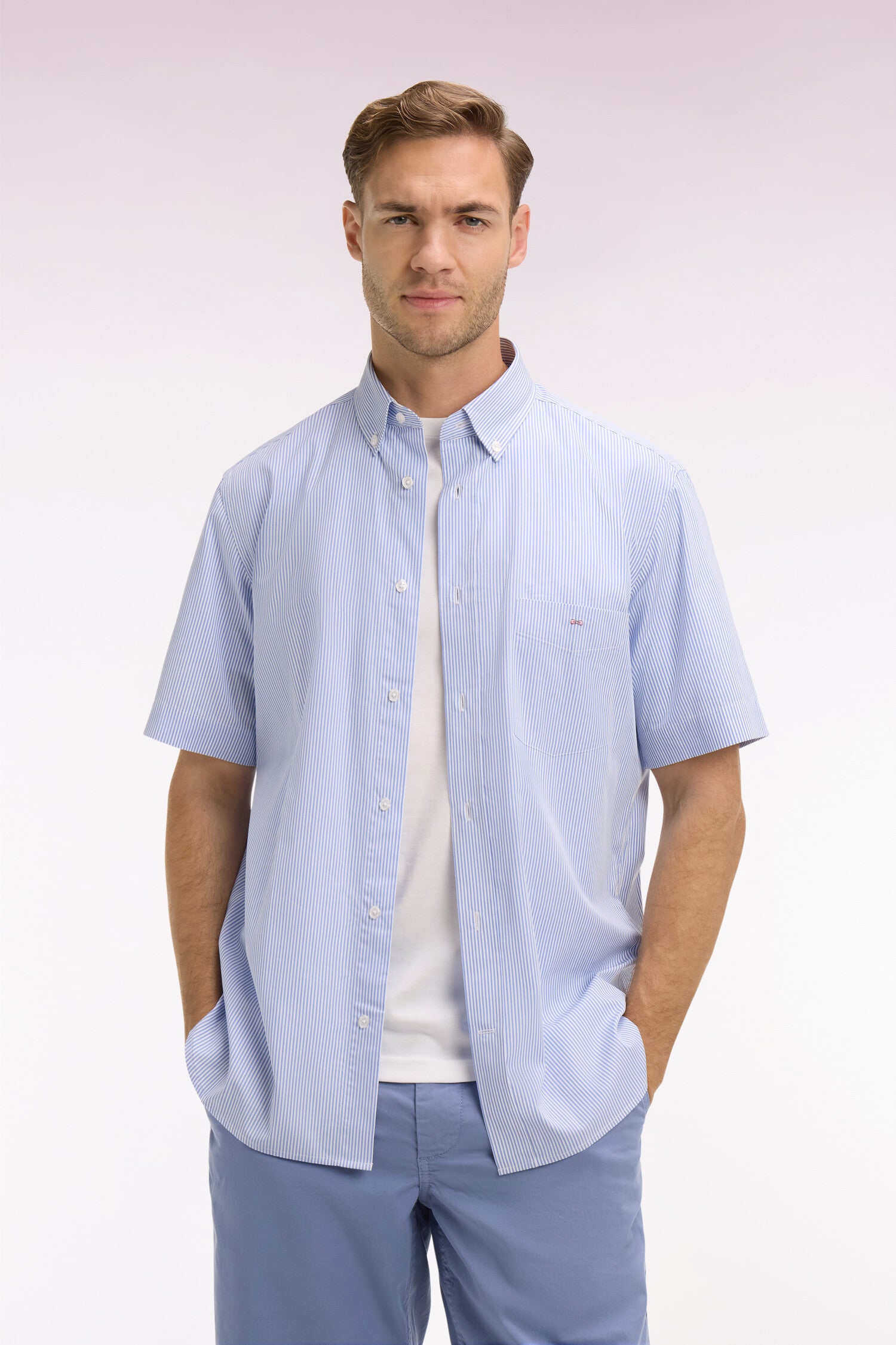 Chemise à manches courtes en coton à rayures bâtons bleu ciel