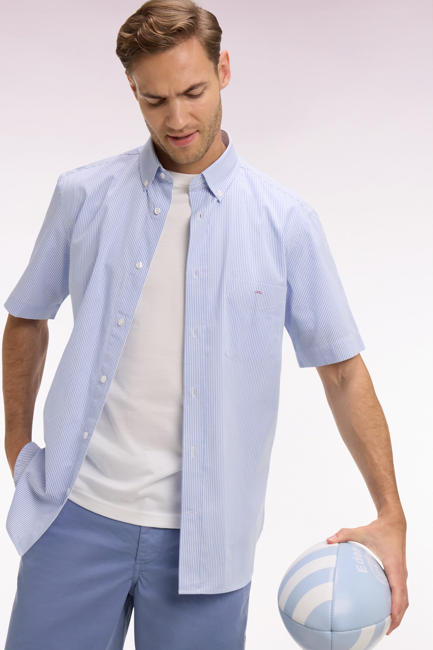 Chemise à manches courtes en coton à rayures bâtons bleu ciel
