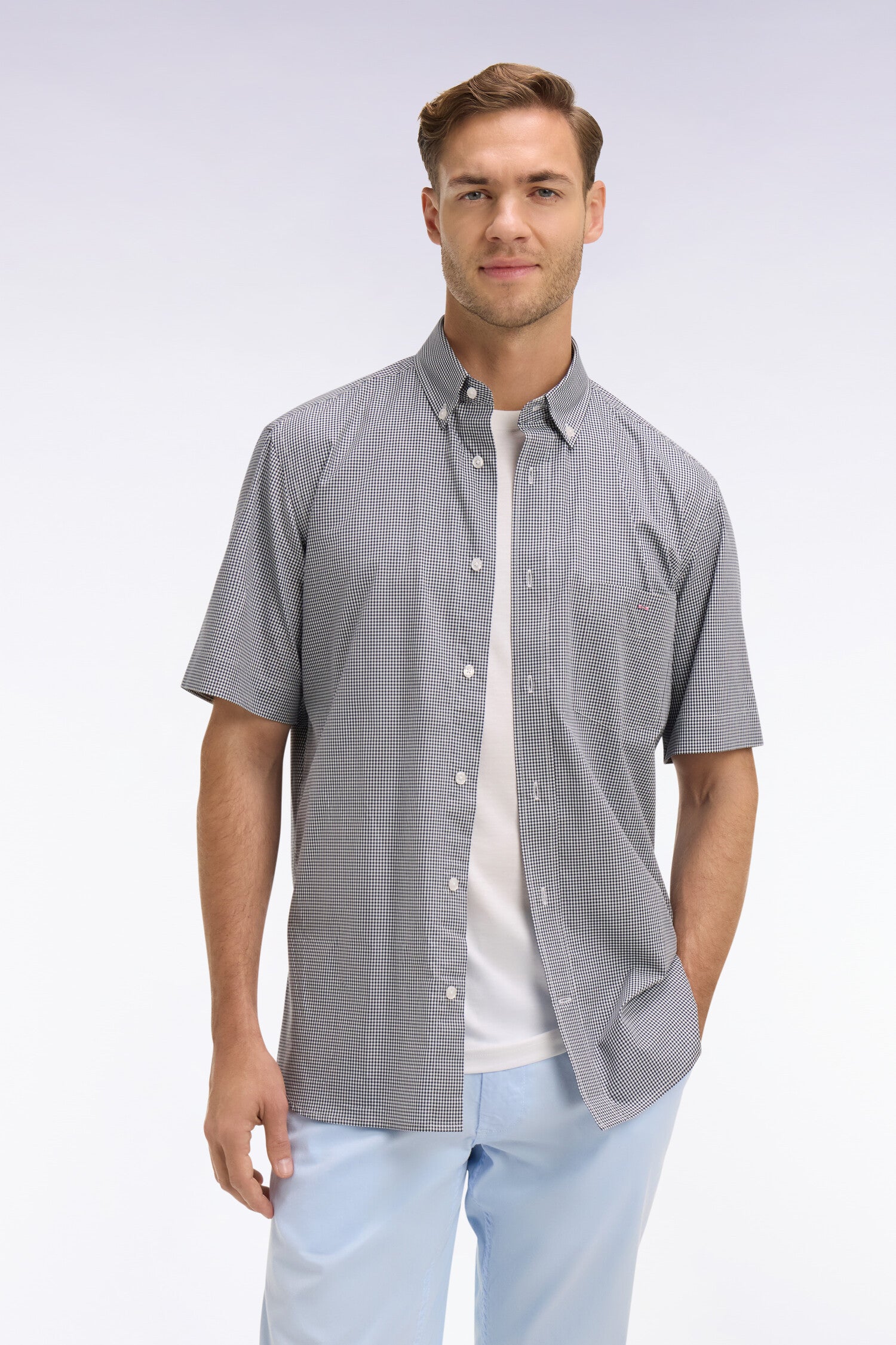 Chemise à manches courtes en coton à carreaux Vichy marine