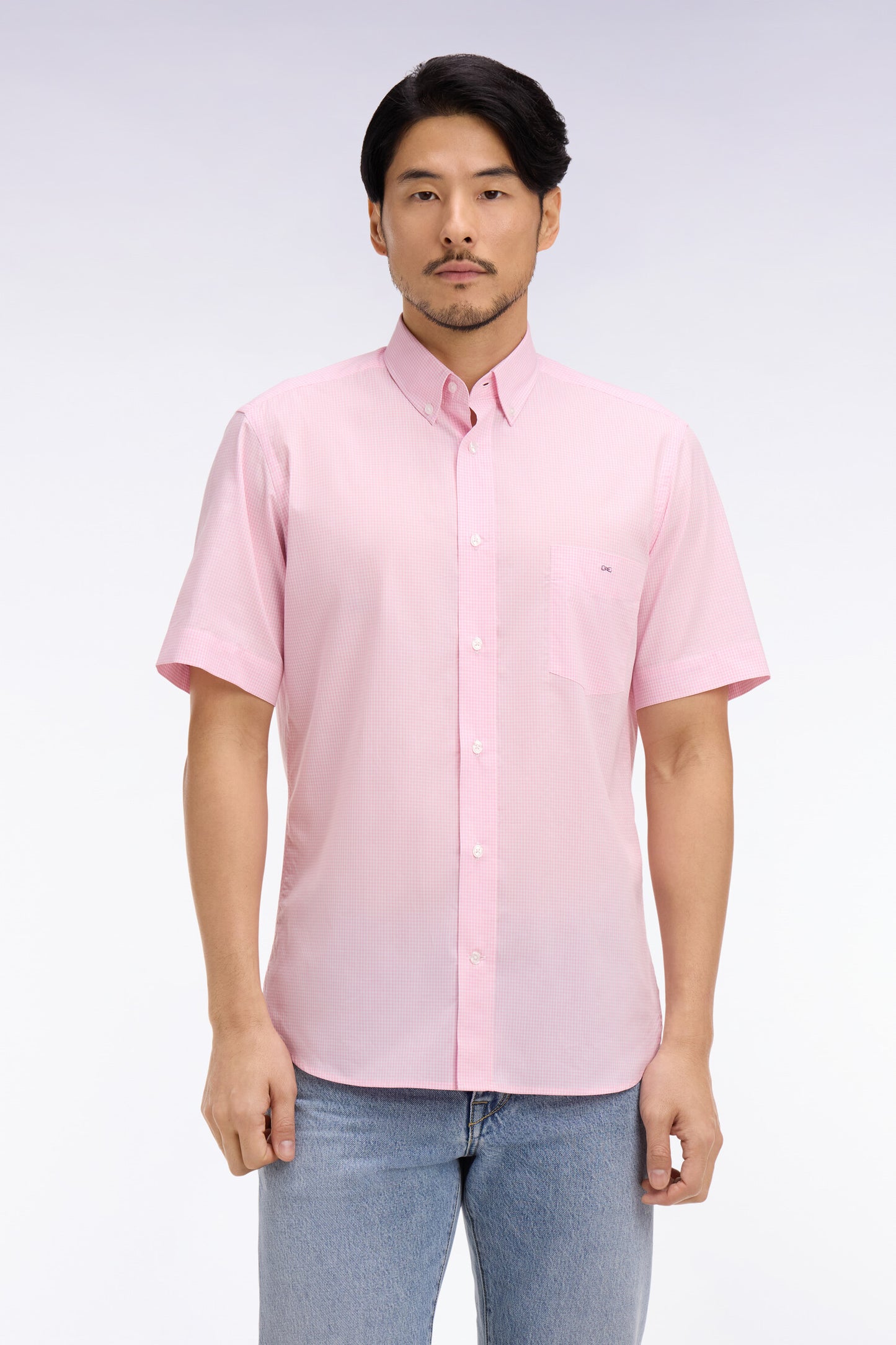 Chemise à manches courtes en coton à carreaux Vichy rose