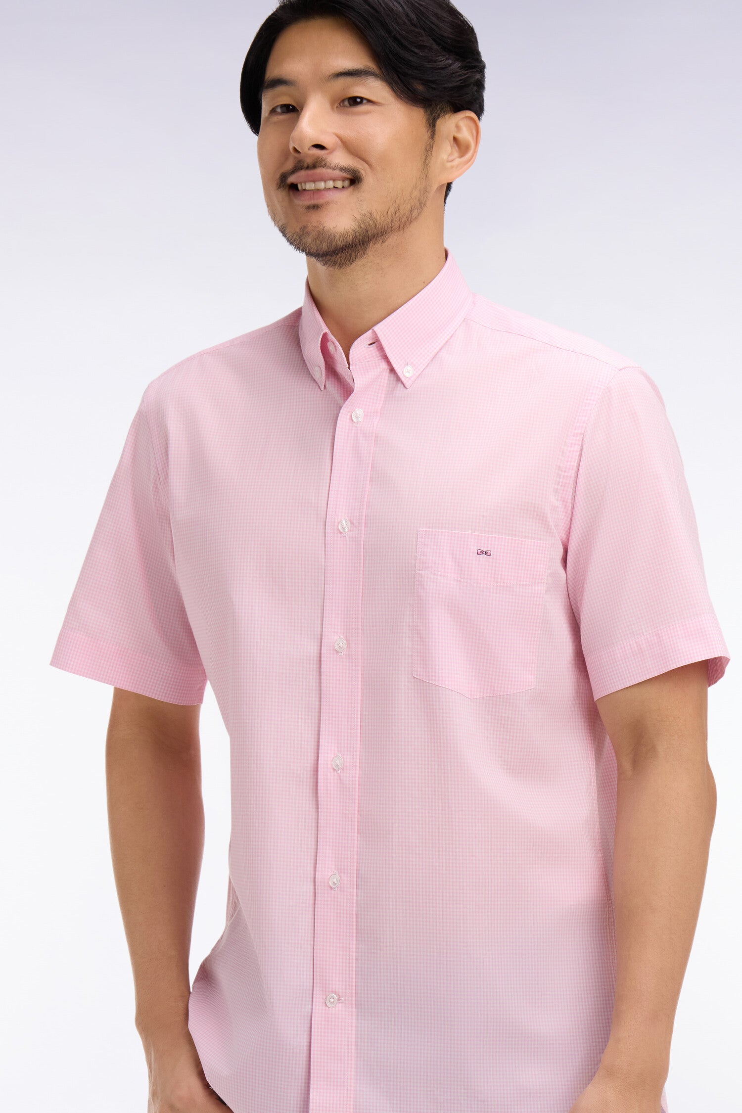 Chemise à manches courtes en coton à carreaux Vichy rose