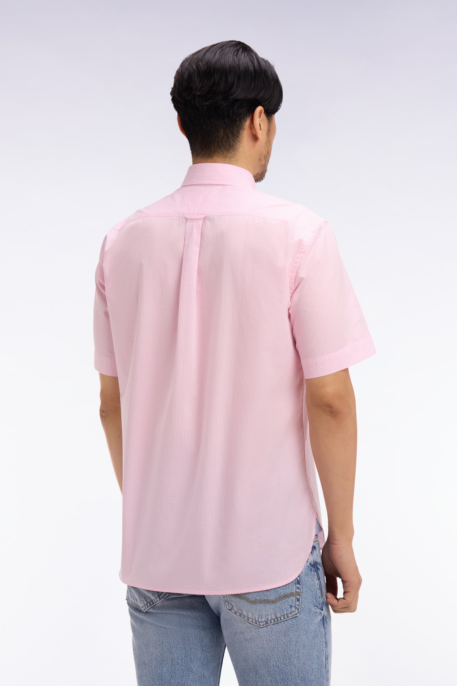 Chemise à manches courtes en coton à carreaux Vichy rose
