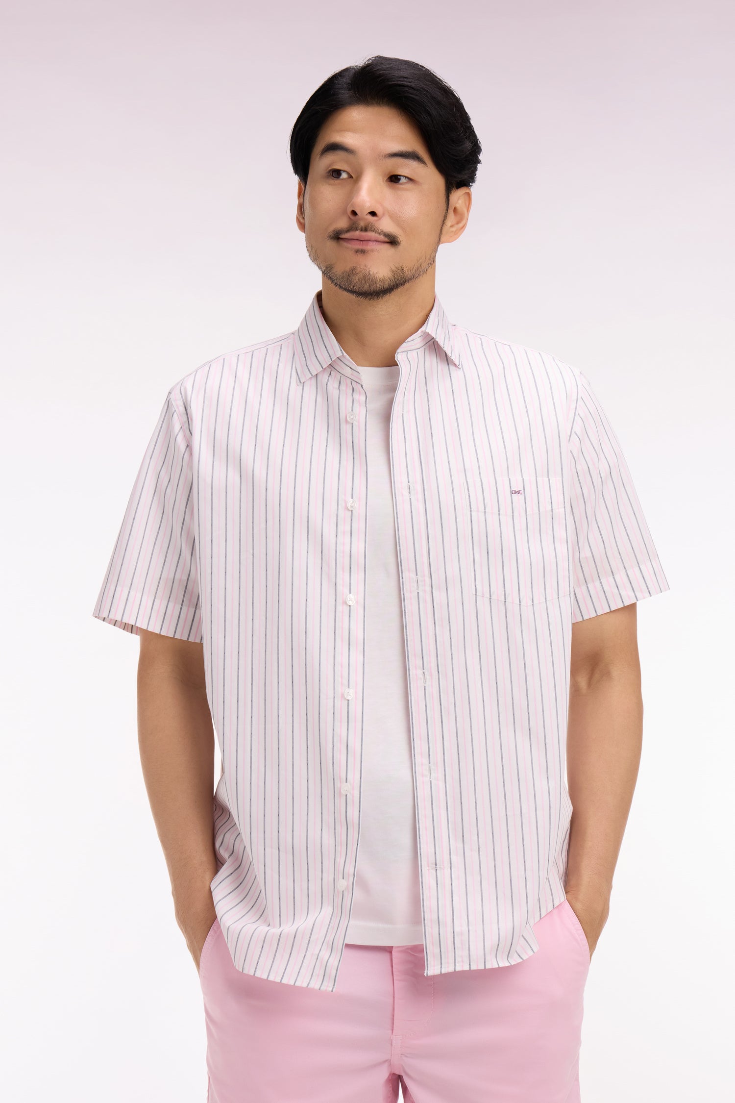 Chemise à manches courtes en dobby de coton rayé rose