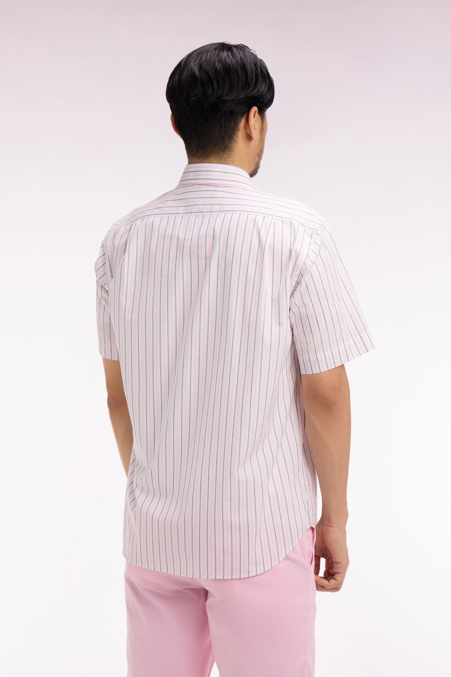 Chemise à manches courtes en dobby de coton rayé rose