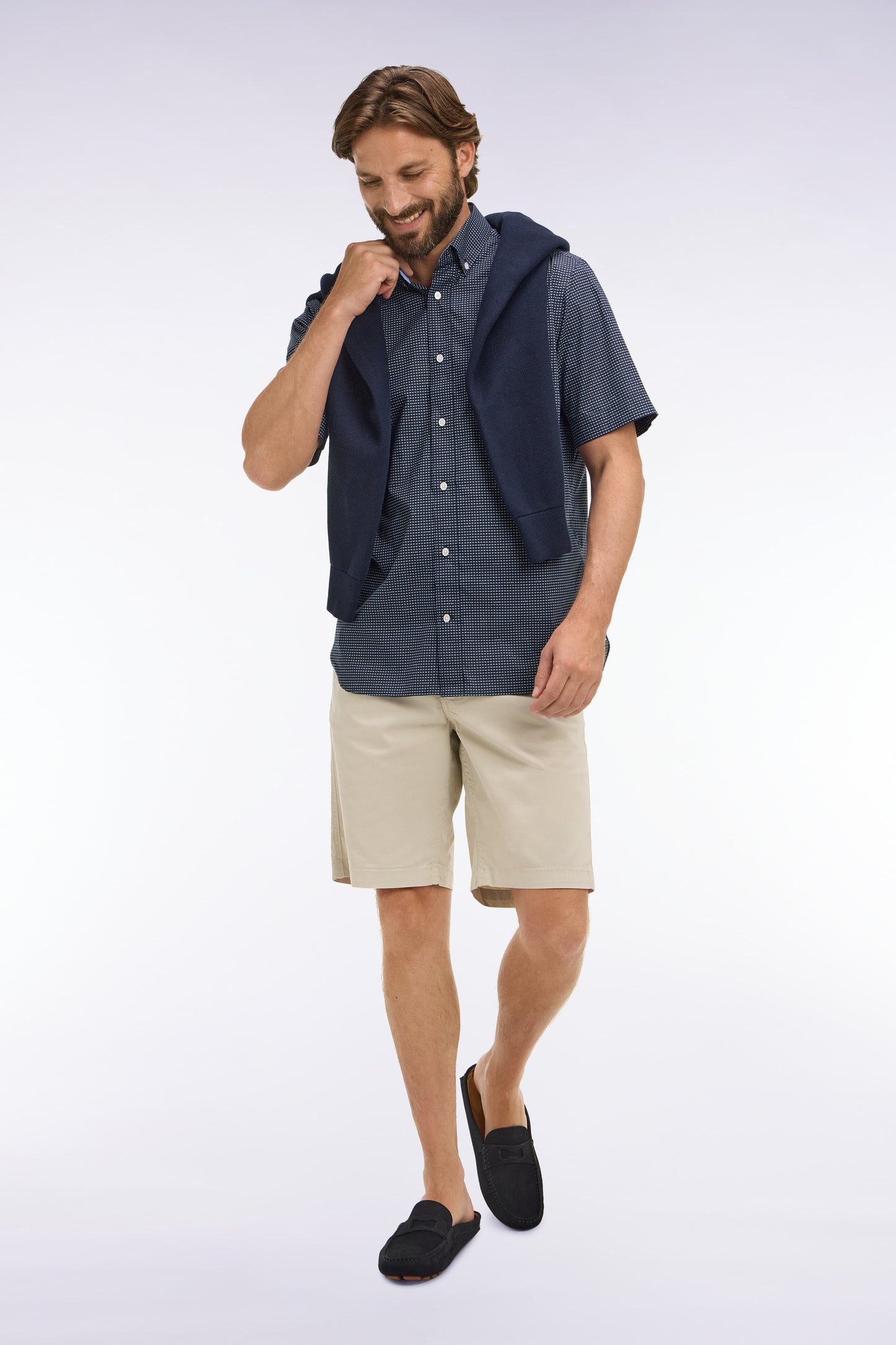 Short-sleeved navy cotton shirt with sky blue micro-patterns