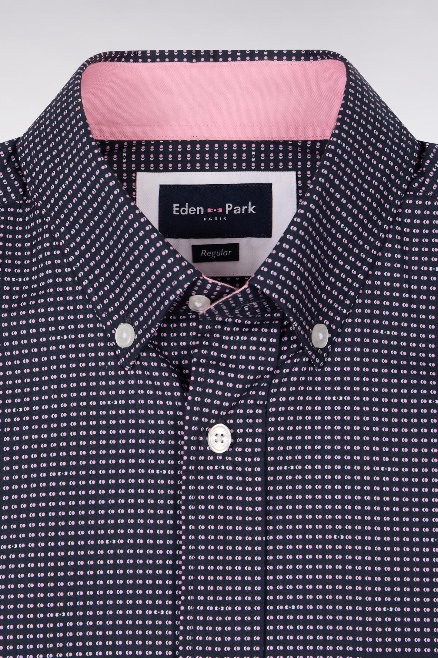 Chemise à manches courtes en coton marine à micromotifs roses