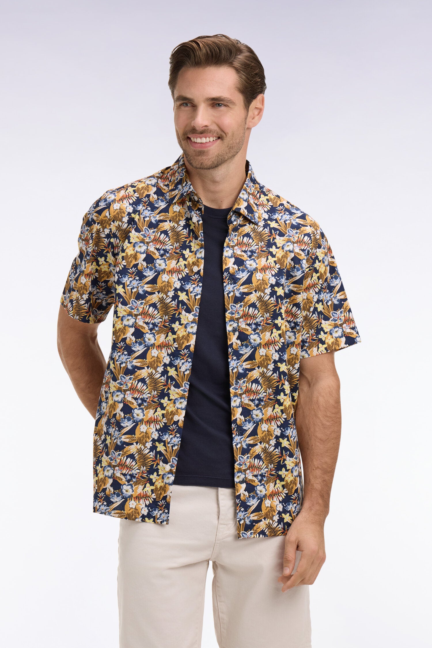 Chemise à manches courtes en popeline de coton à motif floral jaune