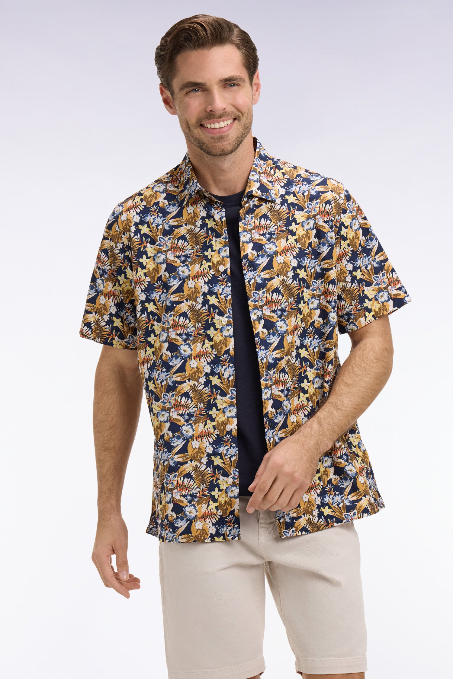 Hemd kurzärmelig aus Popeline von Baumwolle mit Muster floral gelb