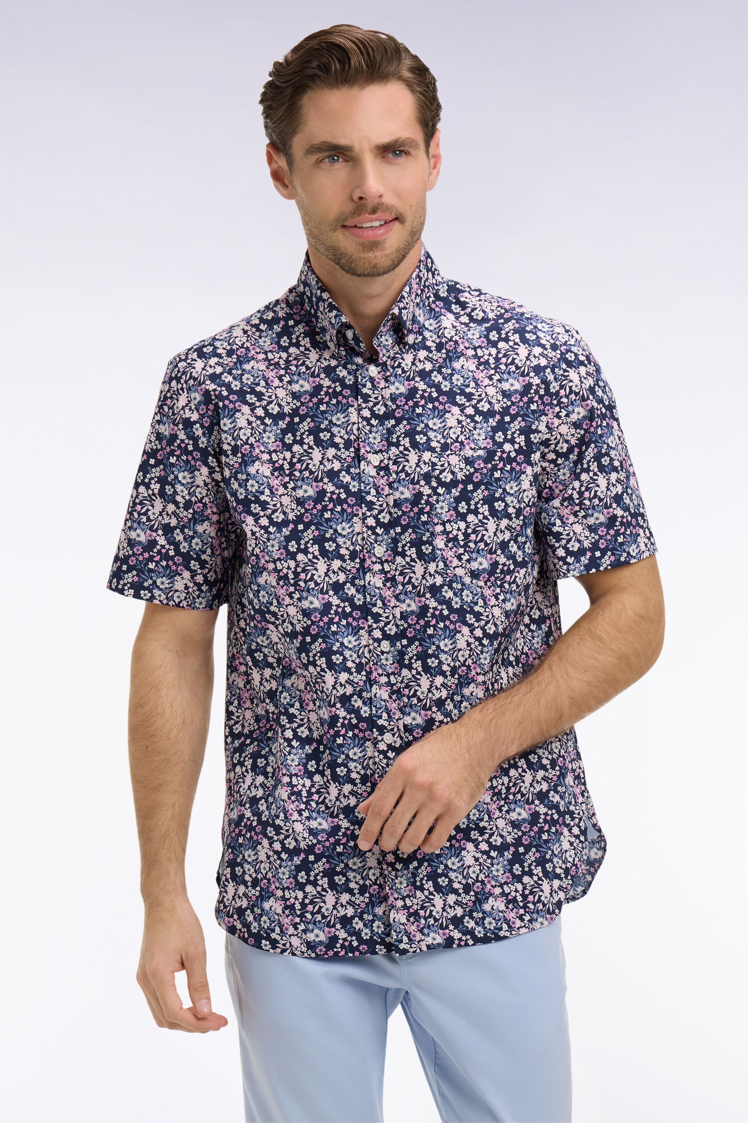 Chemise à manches courtes en popeline et chambray à motif floral rose