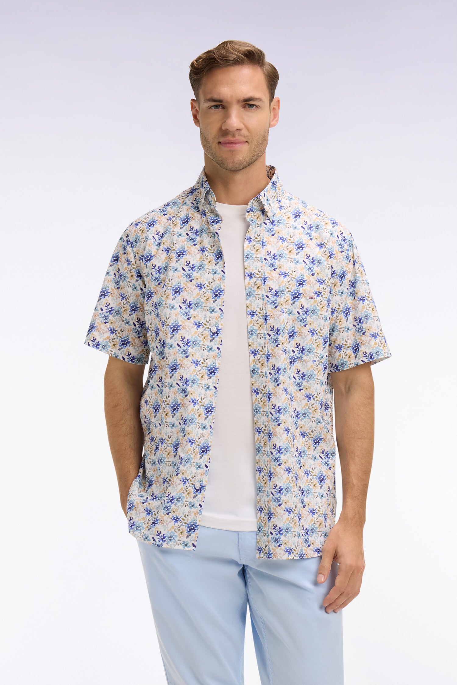 Chemise à manches courtes en popeline et chambray à motif floral bleu