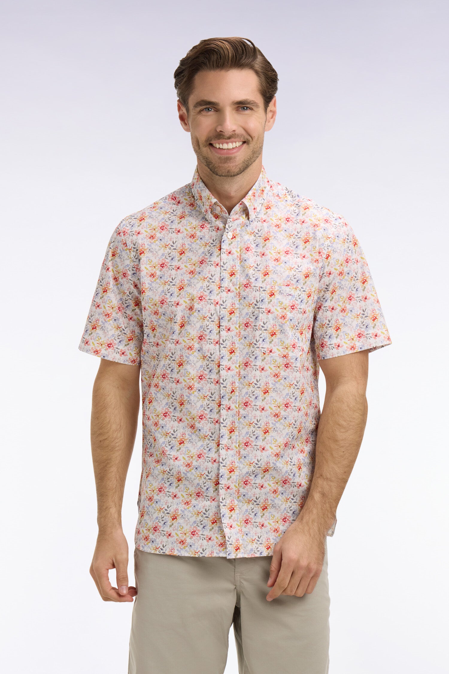 Chemise à manches courtes en popeline et chambray à motif floral orange