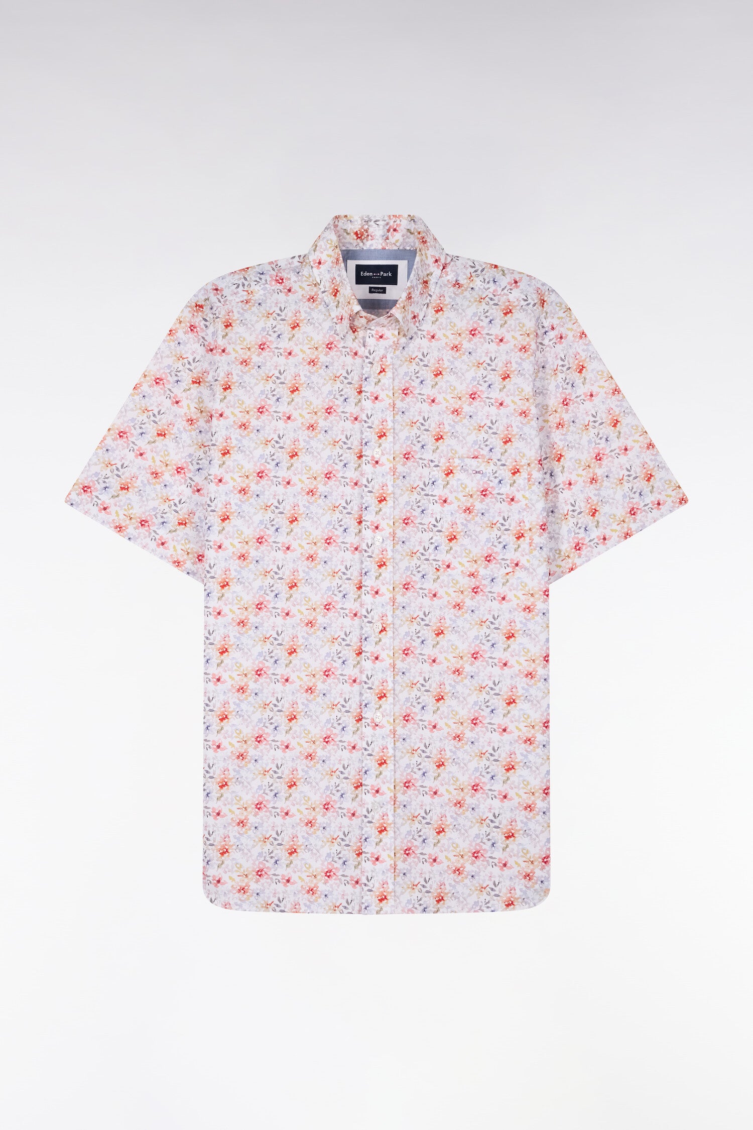 Chemise à manches courtes en popeline et chambray à motif floral orange