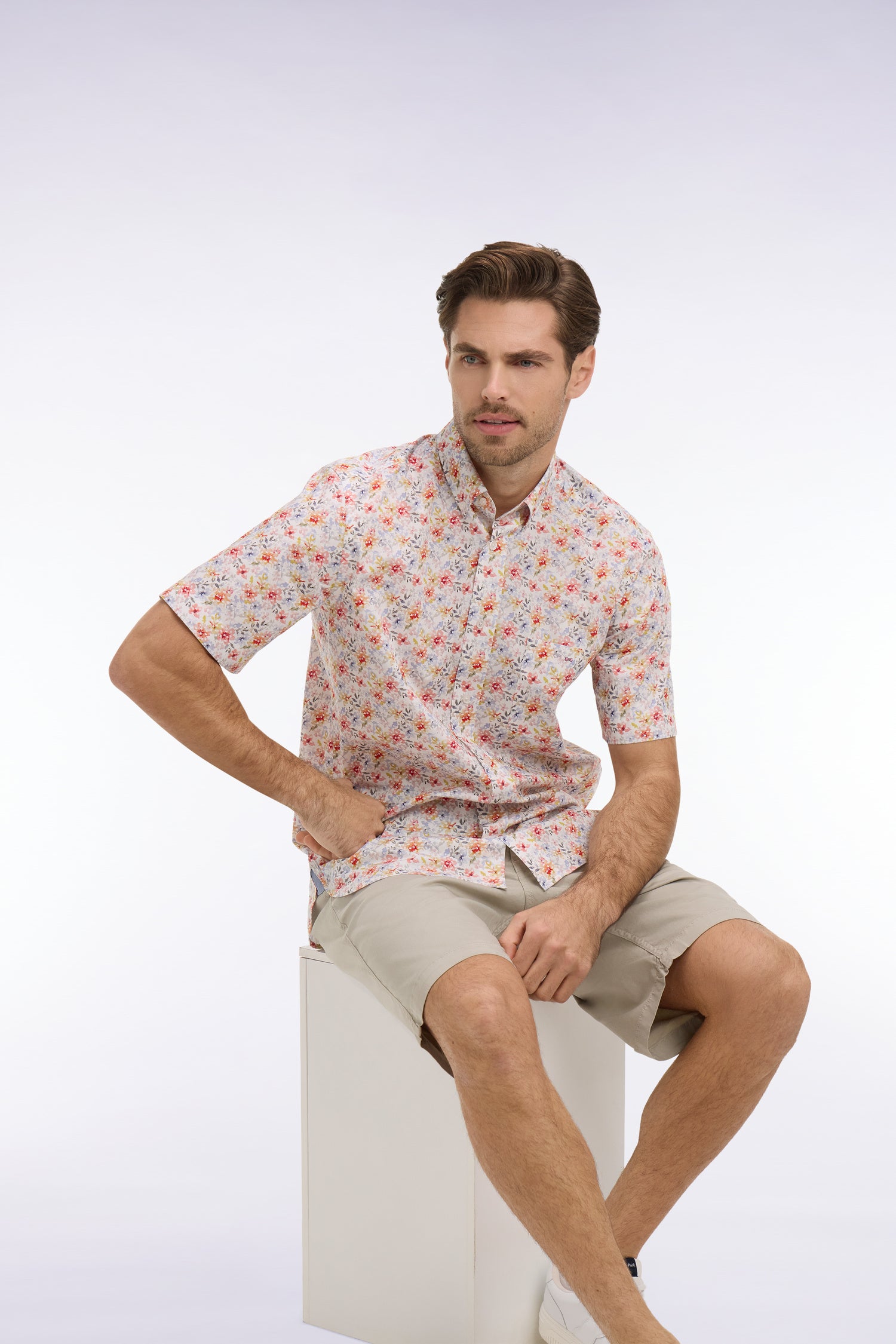 Chemise à manches courtes en popeline et chambray à motif floral orange