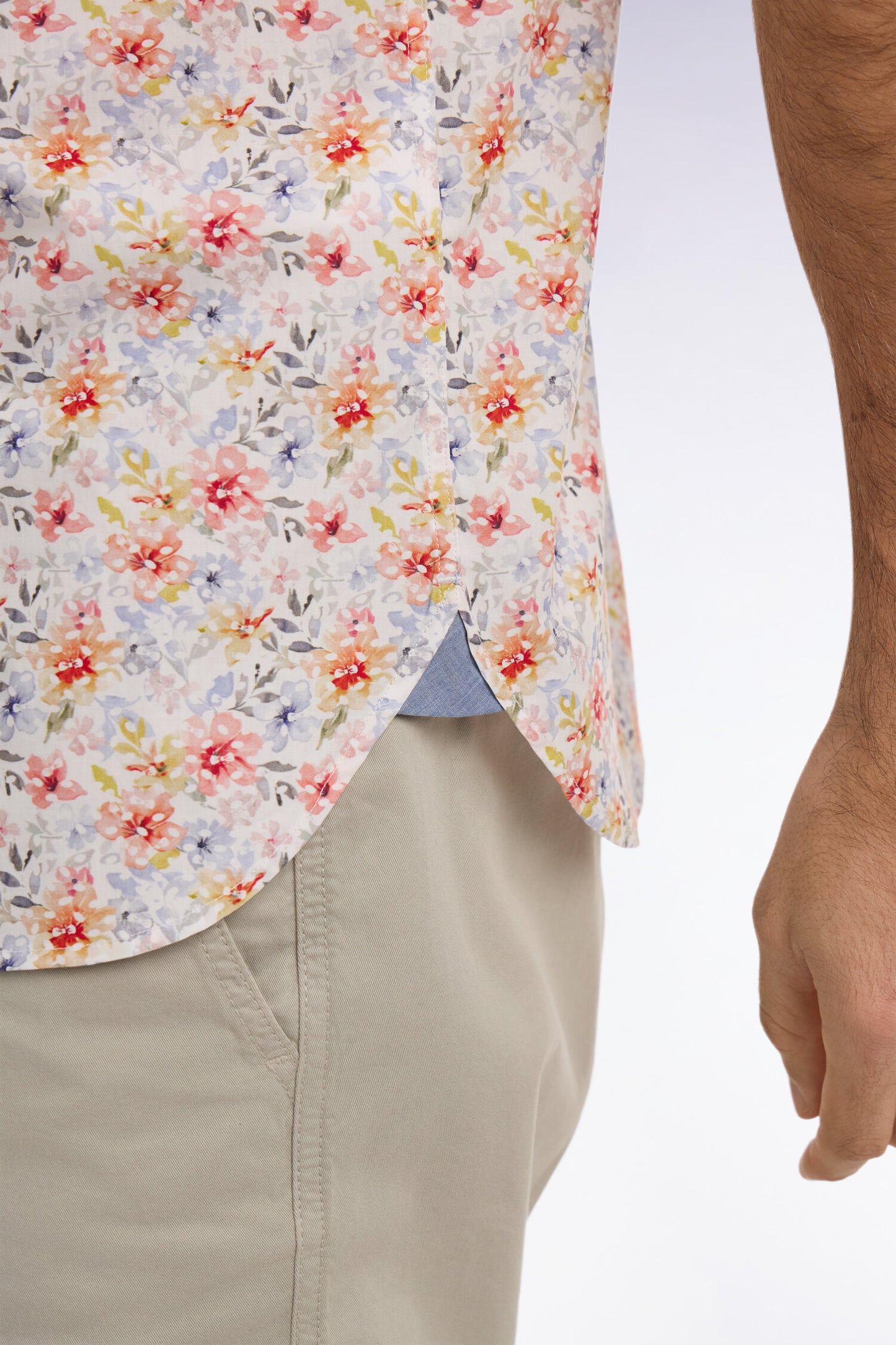 Chemise à manches courtes en popeline et chambray à motif floral orange