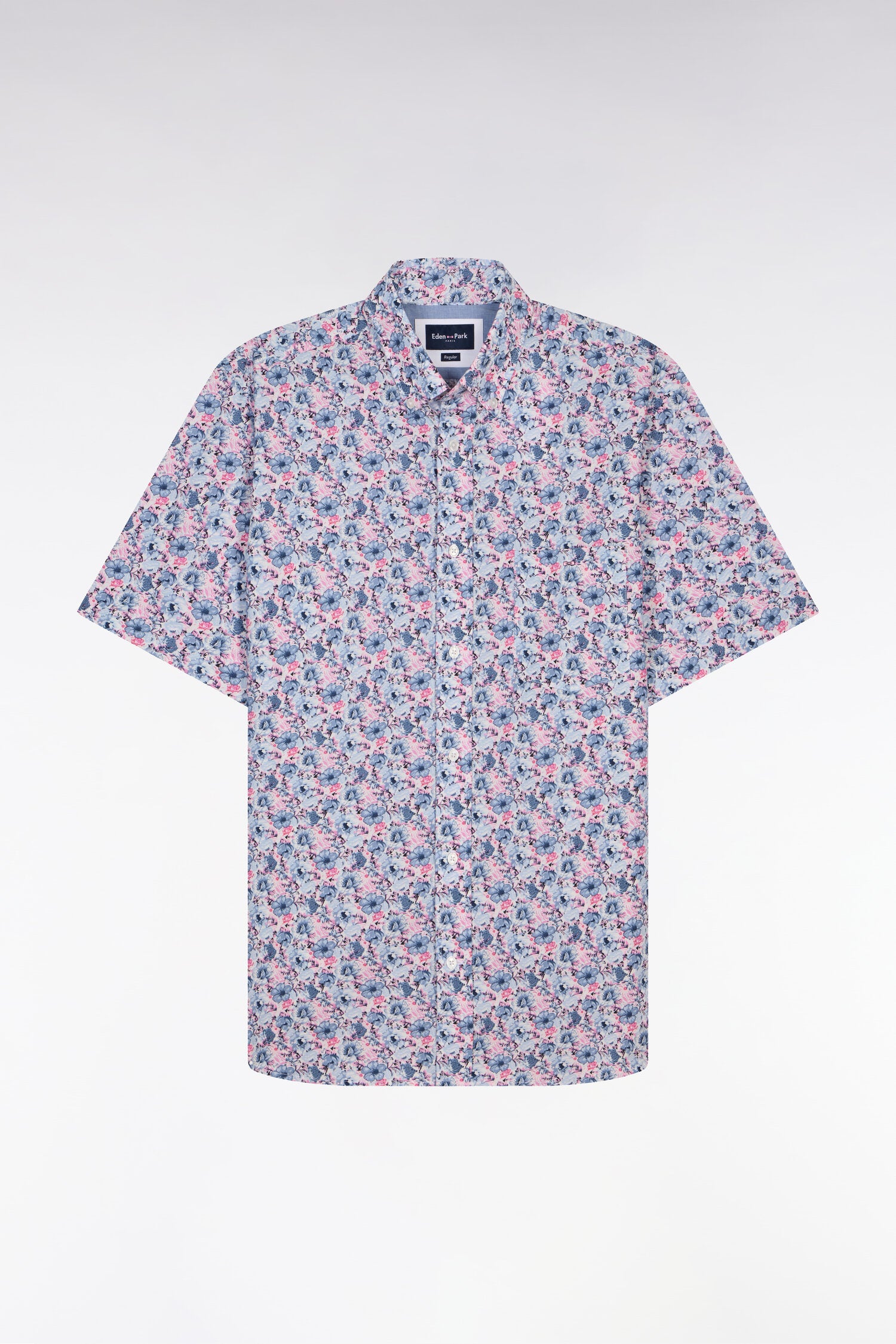 Chemise à manches courtes en coton à motif floral rose et bleu