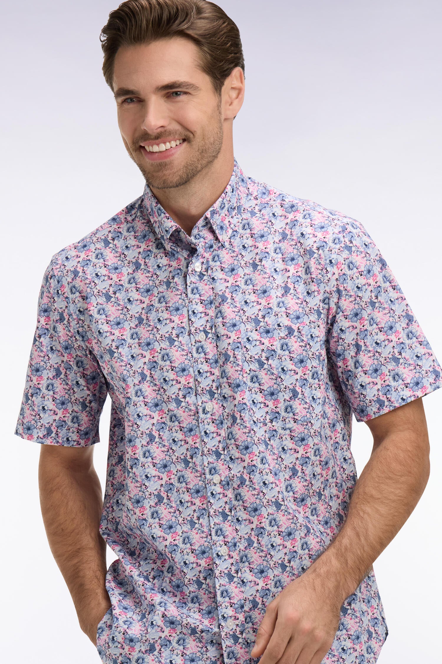 Hemd kurzärmelig aus Baumwolle mit Muster floral rosa und blau