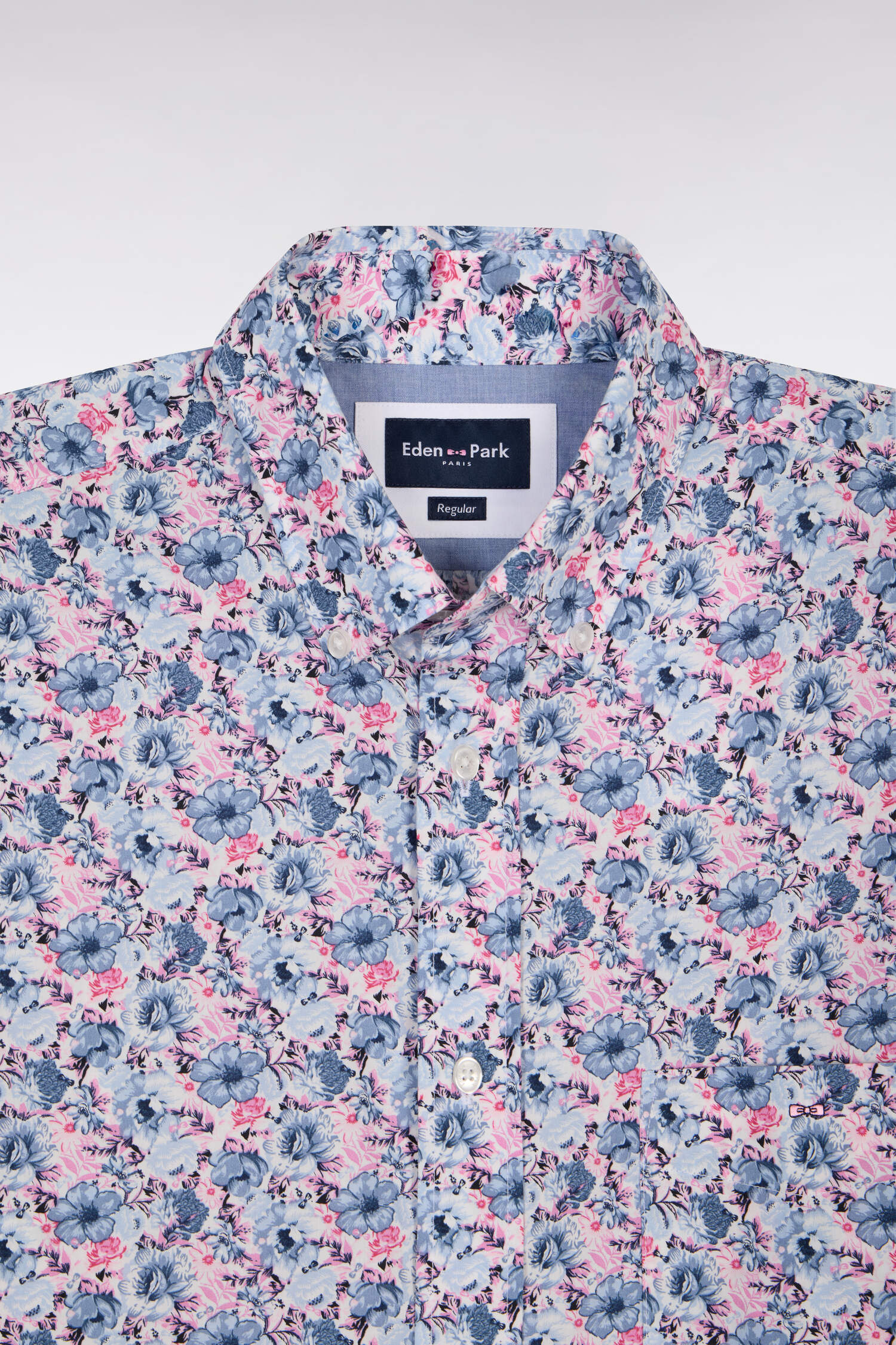 Chemise à manches courtes en coton à motif floral rose et bleu