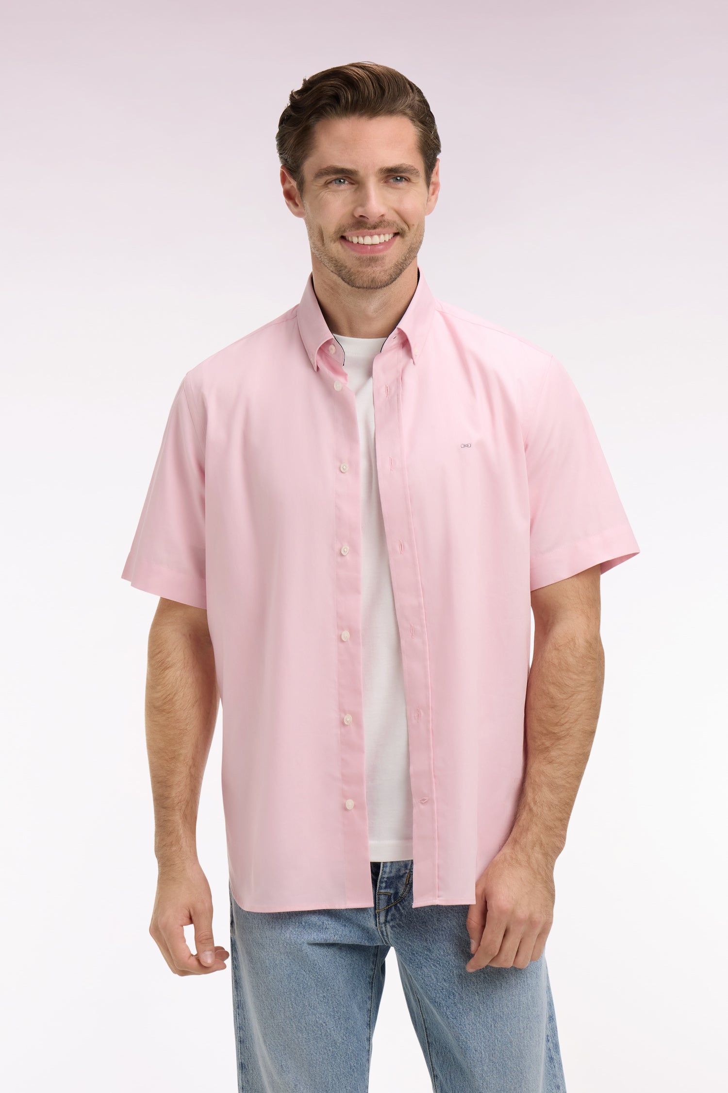 Chemise à manches courtes en coton rose broderie dos