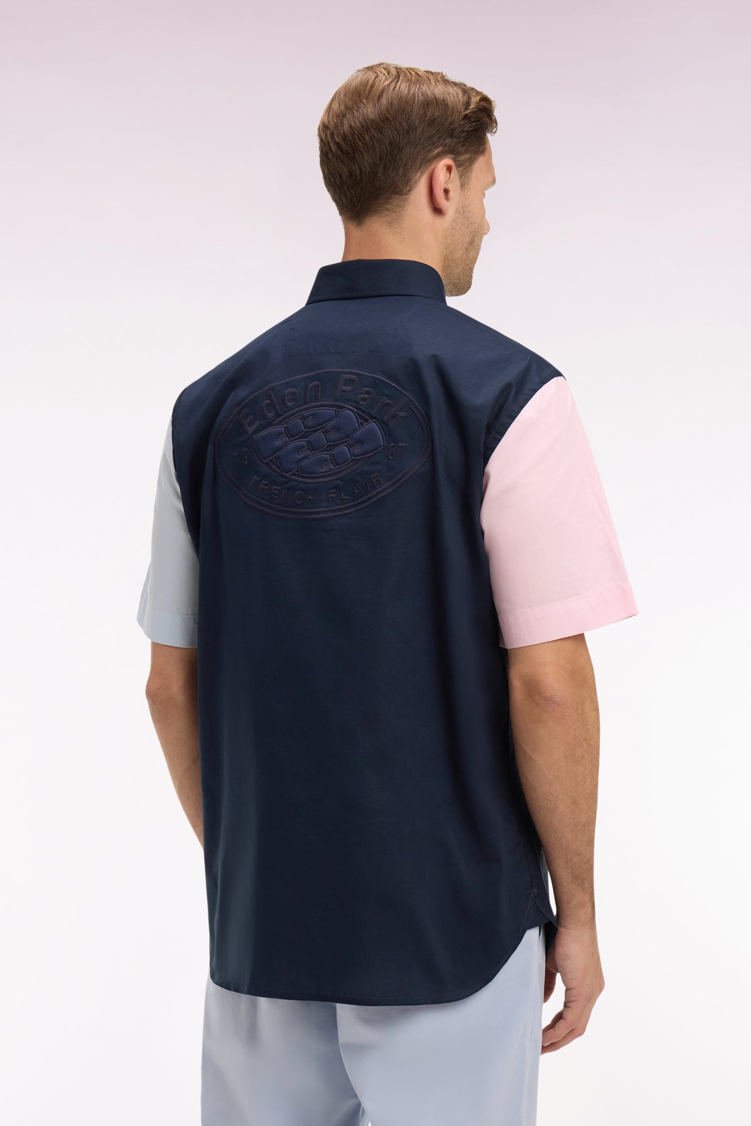 Chemise à manches courtes en coton marine manches bicolores