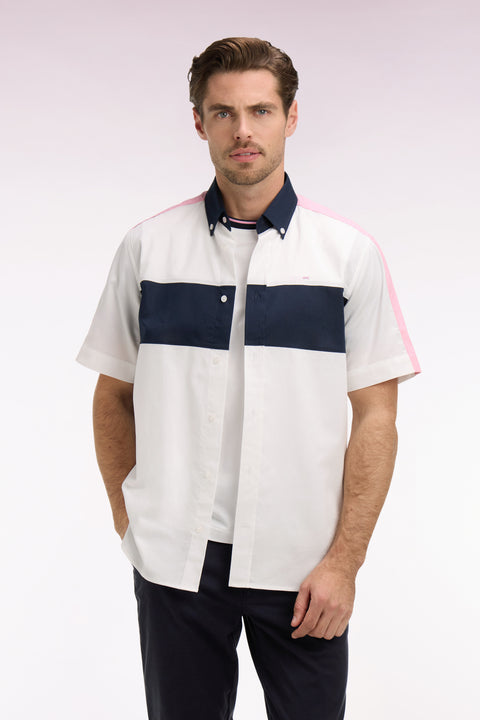 Chemise à manches courtes en coton blanc et marine broderie dos - Image 3