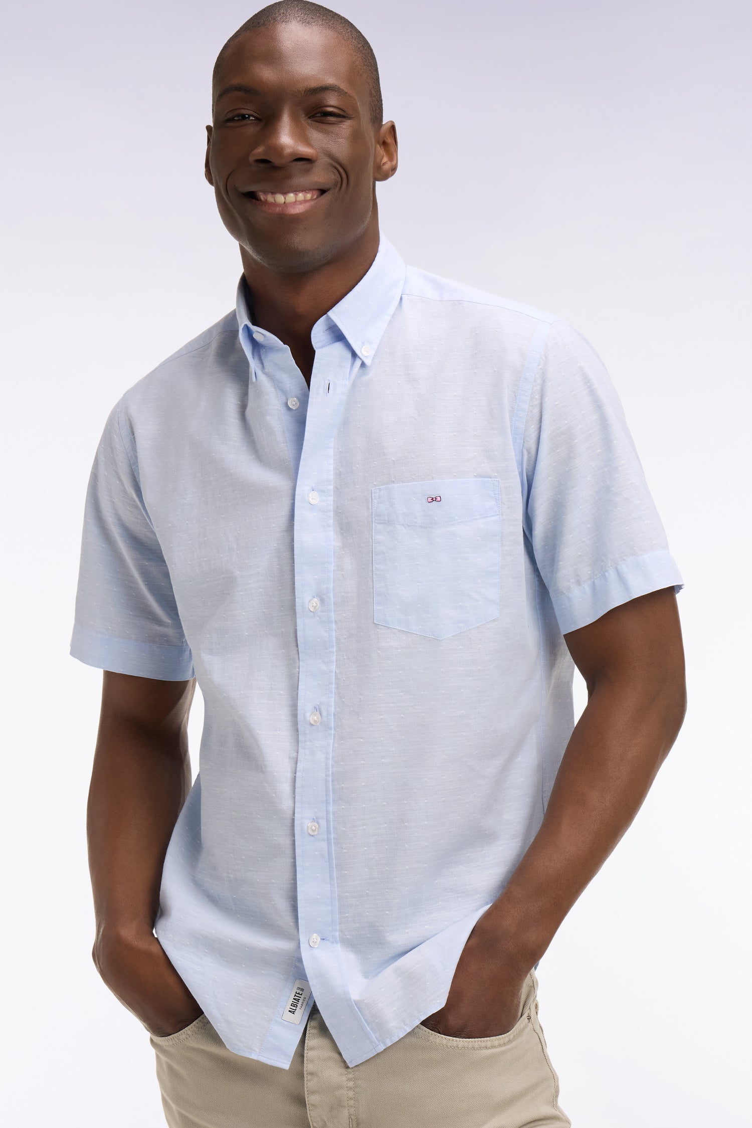 camisa de manga corta en algodón jacquard azul cielo