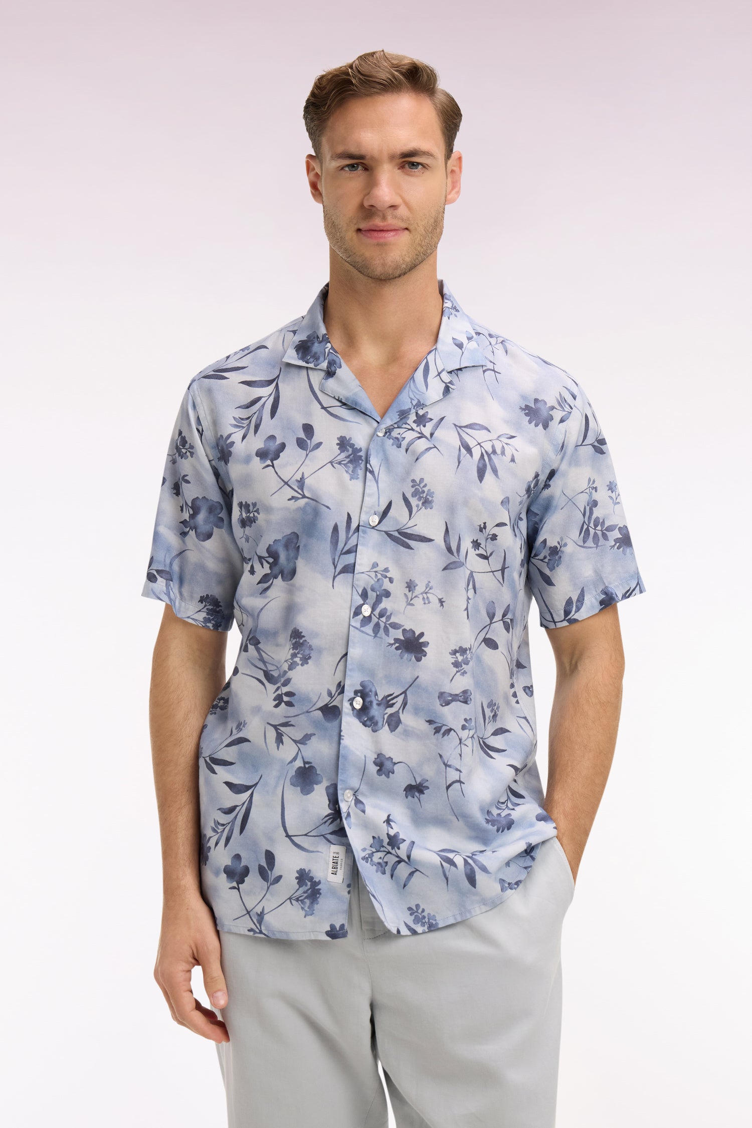 Chemise à manches courtes en lyocell et coton imprimé floral ciel